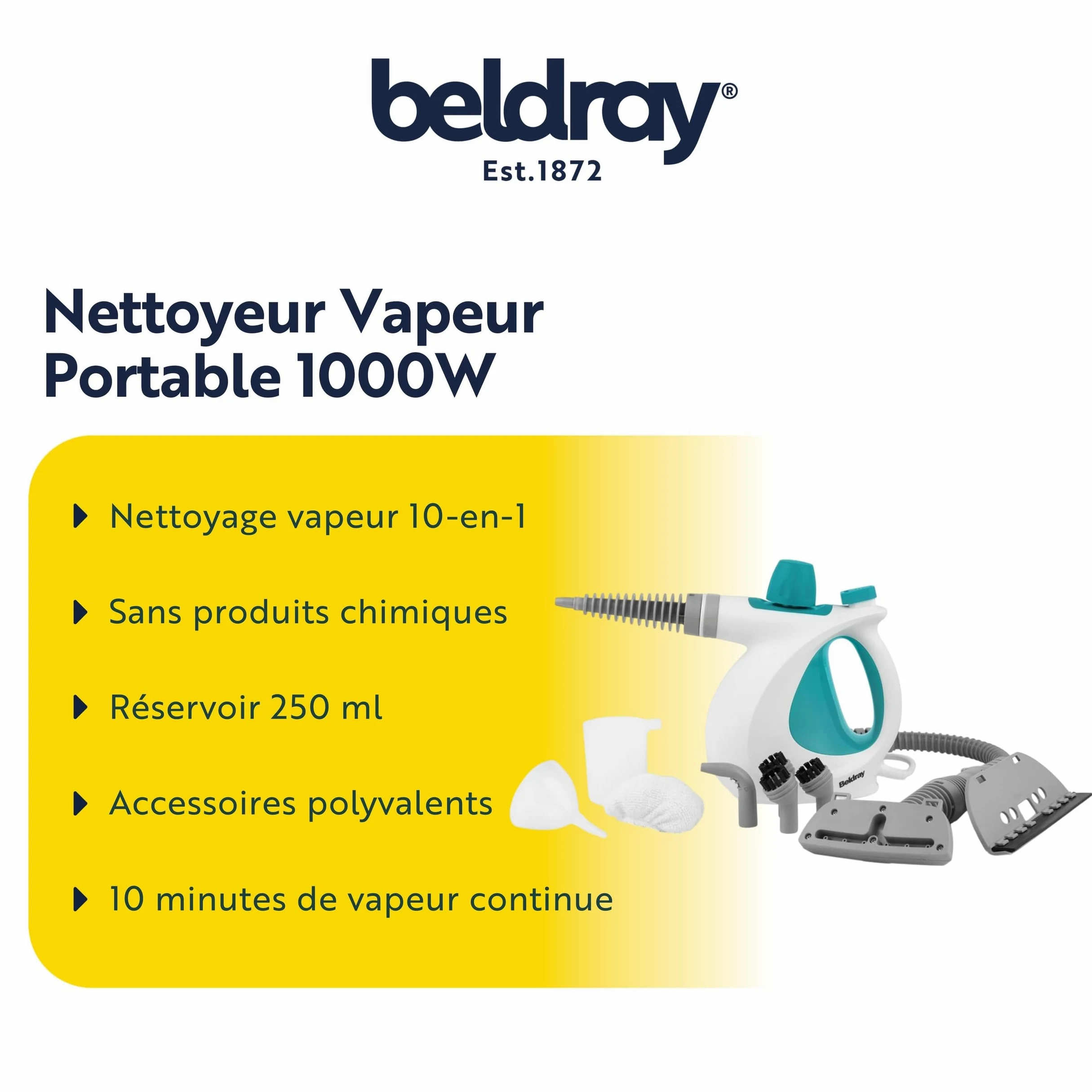 Beldray Nettoyeur Vapeur à Main 10-en-1 , Prise EU, Nettoyage et Désinfection Vapeur Multifonctionnel, Réservoir d'Eau de 250ml, Accessoires Nettoyage pour Rideaux, Salle de Bain, Cuisine etc, 1000W