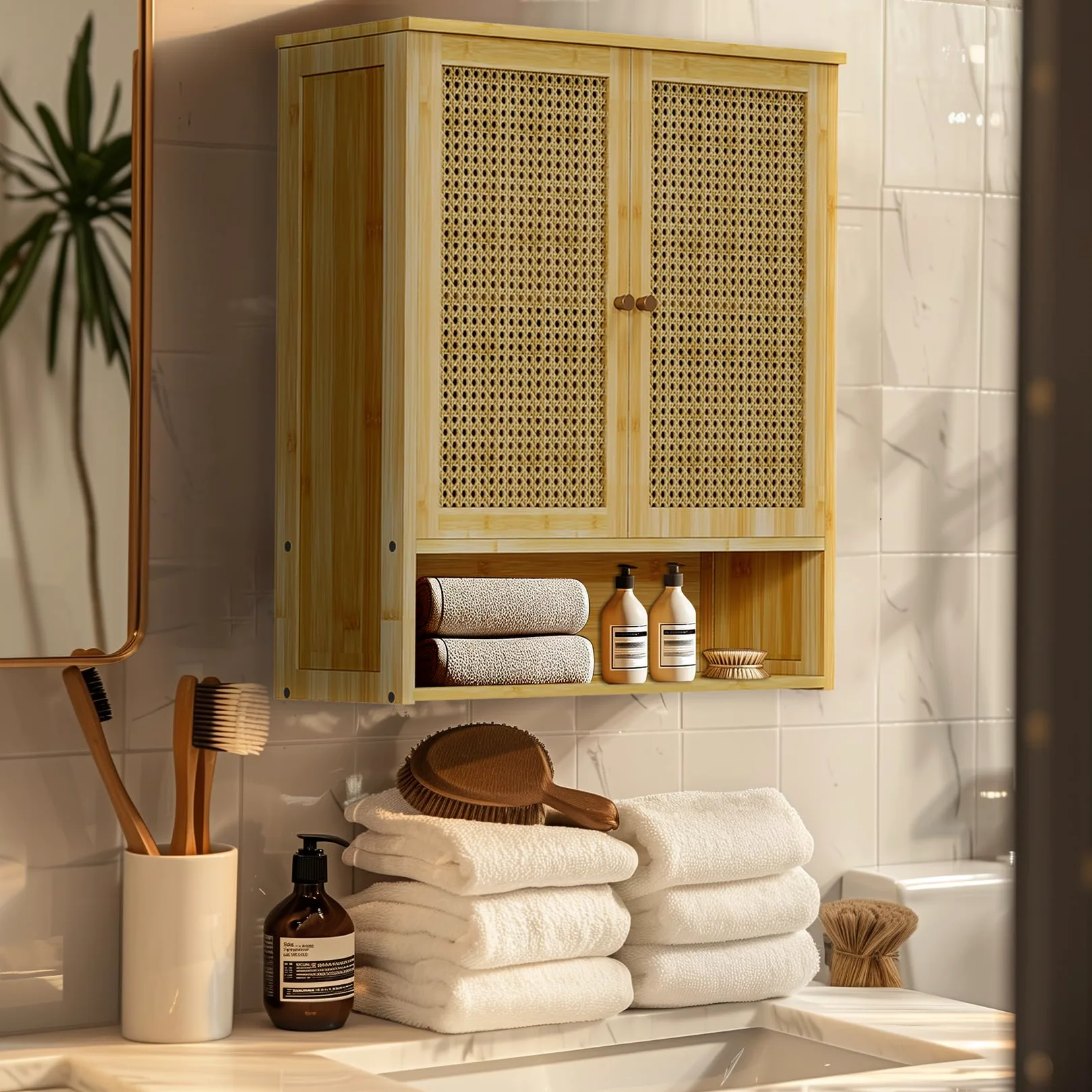 unho Meuble Salle de Bain en Bambou: Armoire WC Mural Rangement de Toilette Suspendu Placard Mural avec Étagère Hauteur Réglable - 59x20.5x66.5cm