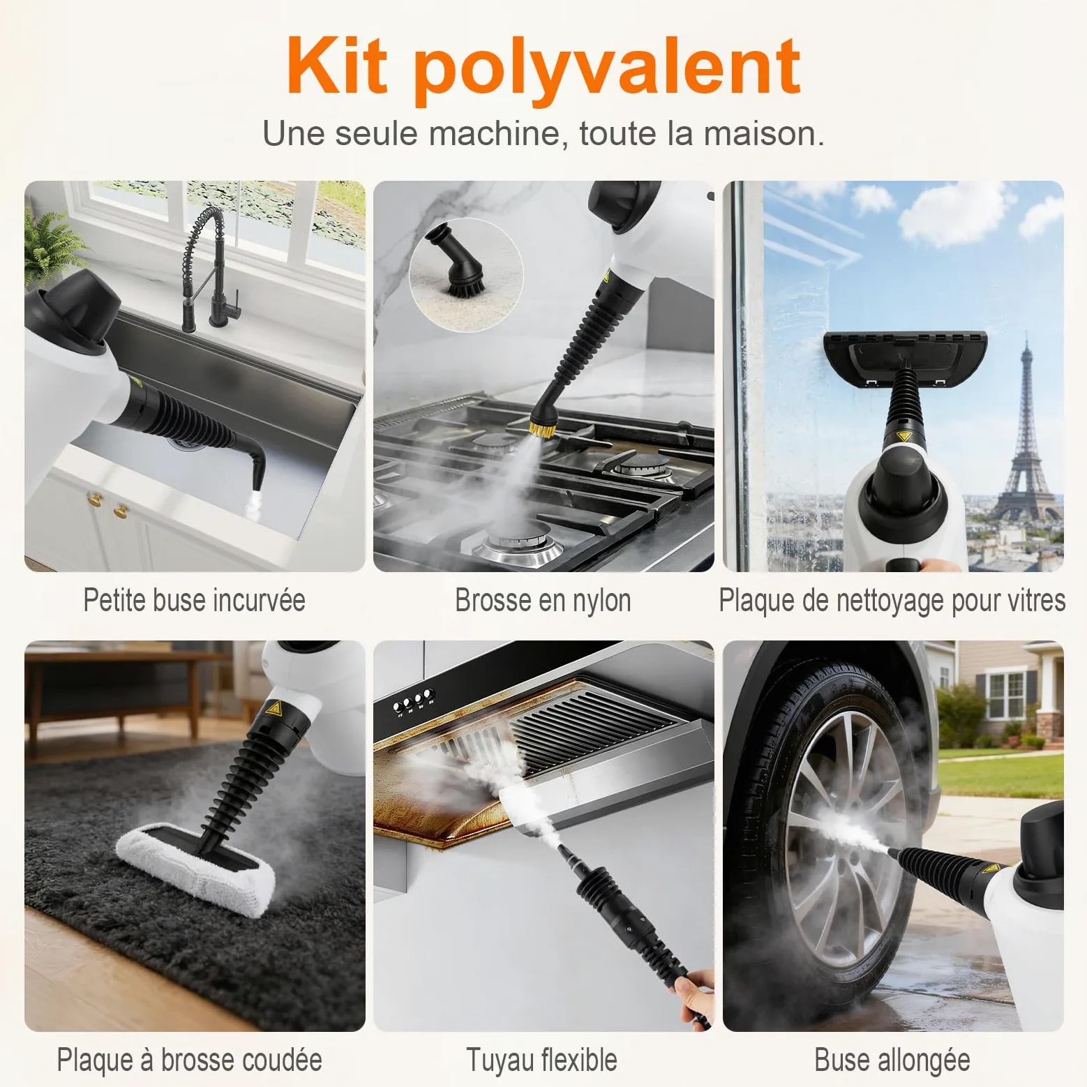 Ibergrif Nettoyeur Vapeur Portatif, 1050W avec 12 Accessoires, 3 Bar Haute Pression, Solution Sans Produits Chimiques, pour Canapé, Cuisine, Joints et Vitres, 350ml, Blanc