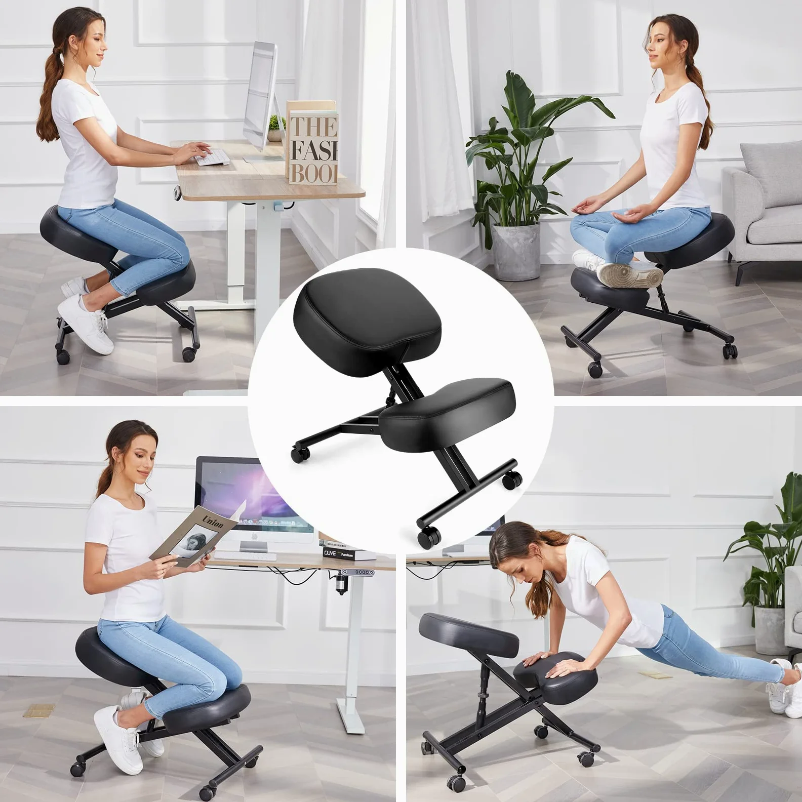 Chaise à Genoux de Bureau Ergonomique, Tabouret Genoux pour la Maison et Le Bureau, Chaise pour Ordinateur avec roulettes, Réglable Hauteur, Structure de Métal, Faux Cuir, Rembourrée