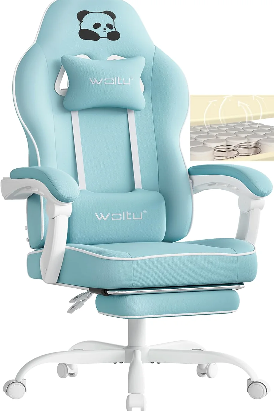 WOLTU Chaise Gaming, Fauteuil Gaming, avec Coussin à Ressorts Ensachés, Chaise Ergonomique, Charge 150kg, Appui-tête, Support Lombaire, Repose-Pieds, Tissu Maille, Bleu Clair