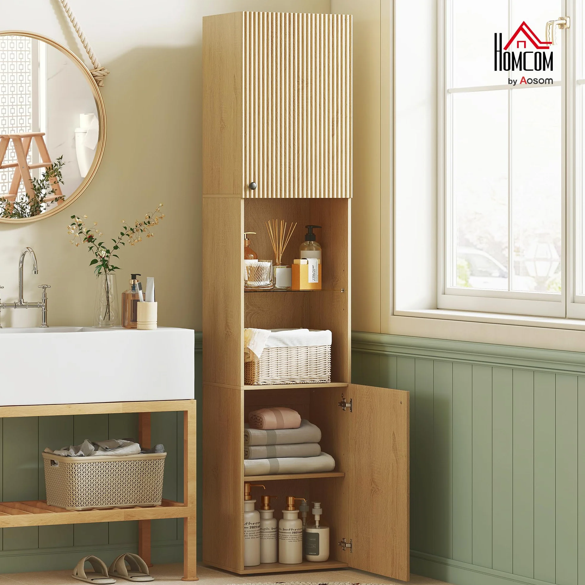 HOMCOM Meuble Colonne Salle de Bain, Meuble de Rangement étroit 6 Niveaux, 2 Portes, Compartiments Ouverts, étagère Verre trempé, étagères réglables, pour Toilette, Petits espaces, 40x31x182cm, chêne