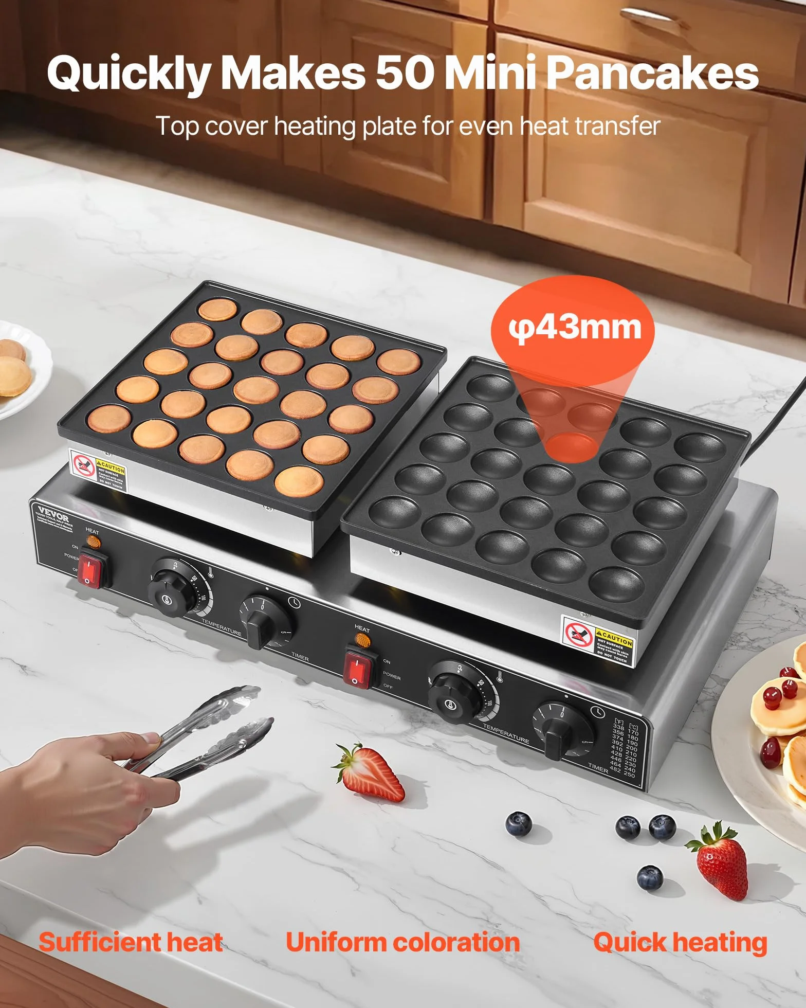 VEVOR Mini-crêpières hollandaises antiadhésives en acier inoxydable, 50 pcs, machine à crêpes Dorayaki électrique commerciale 1800 W, température et temps réglable, pour cuisine, restaurant, dessert