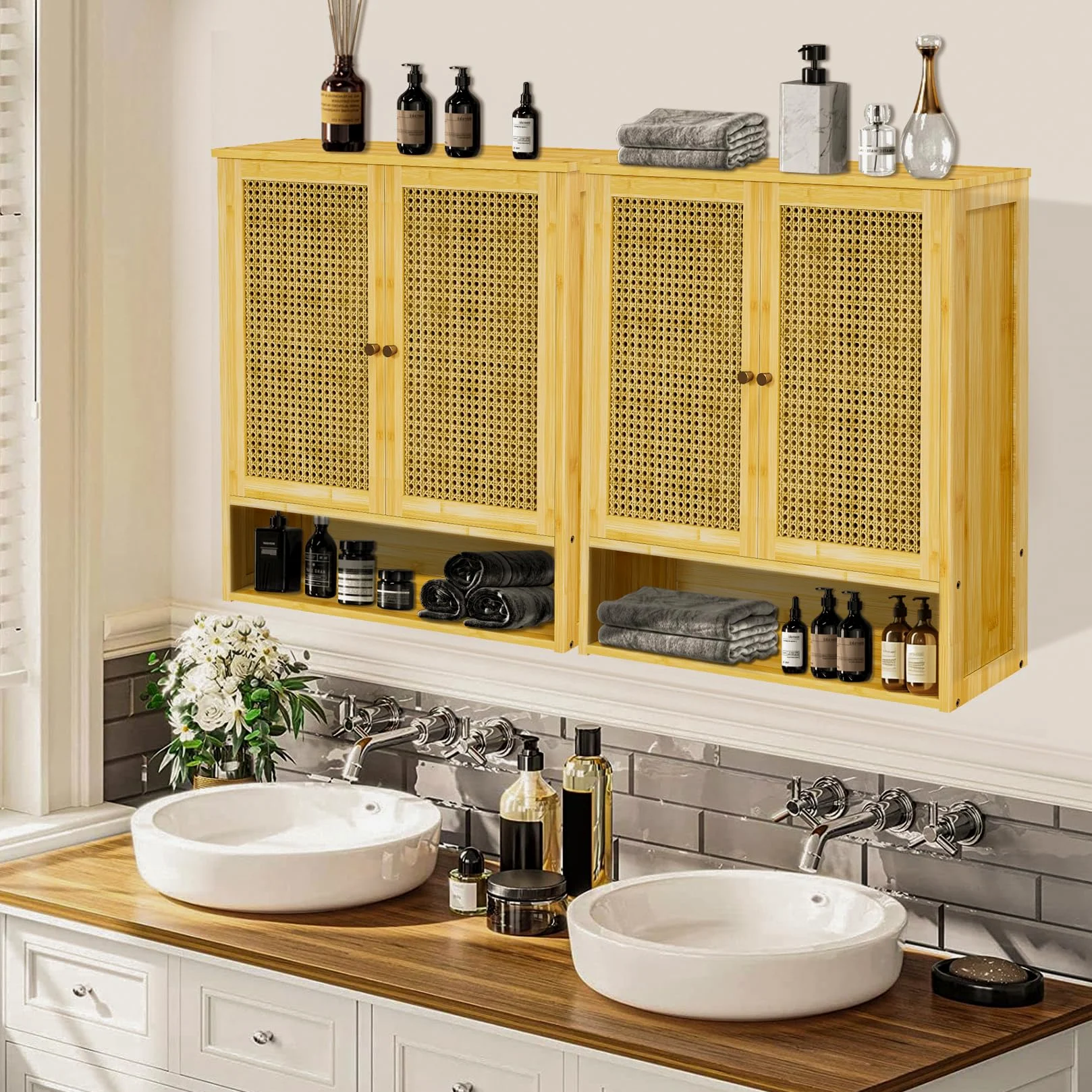 unho Meuble Salle de Bain en Bambou: Armoire WC Mural Rangement de Toilette Suspendu Placard Mural avec Étagère Hauteur Réglable - 59x20.5x66.5cm