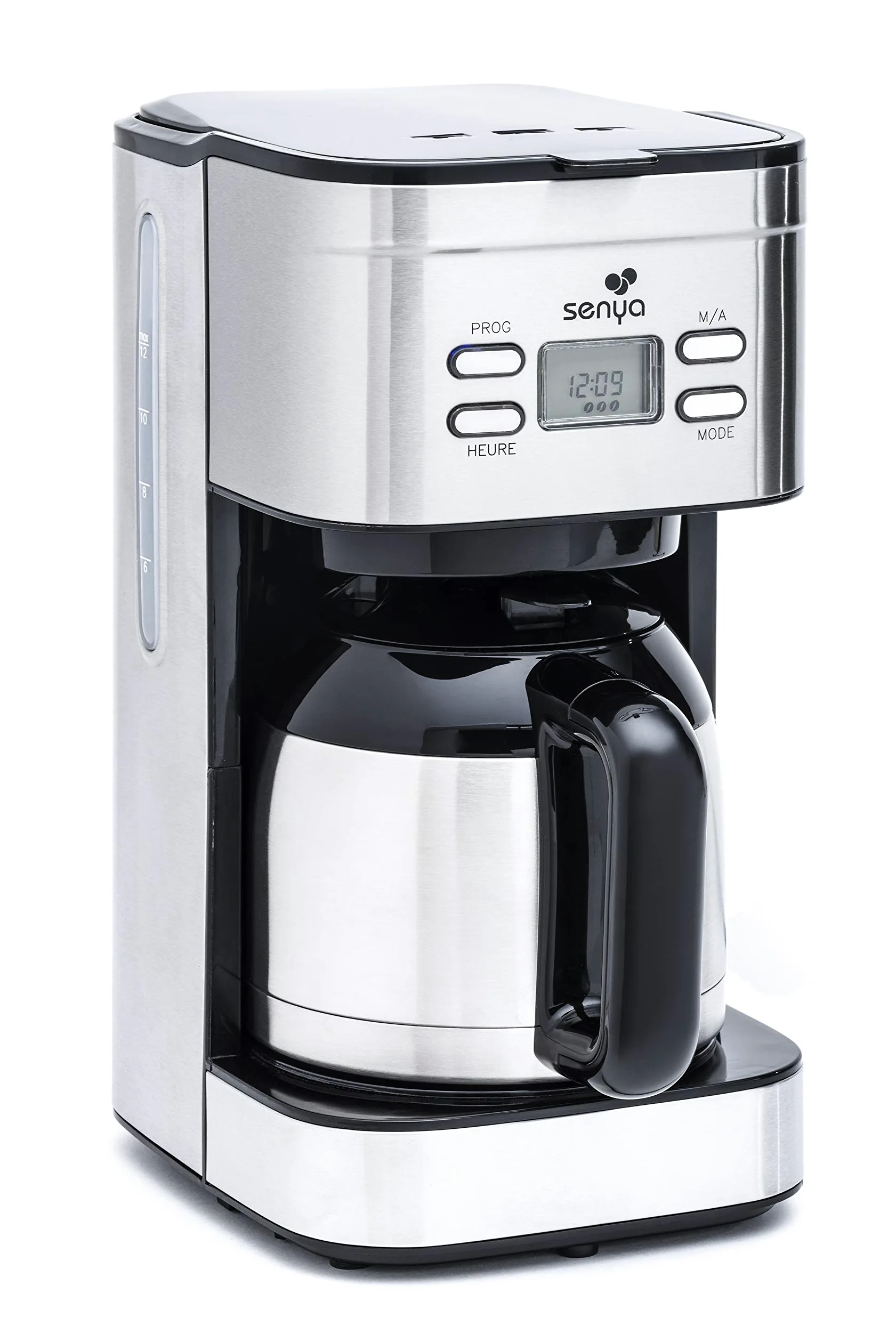 Senya cafetière électrique programmable Inox Hot Coffee, verseuse isotherme en acier inoxydable, fonction sélecteur d’arôme, maintien au chaud, 1,2L, 800W, SYBF-CM025