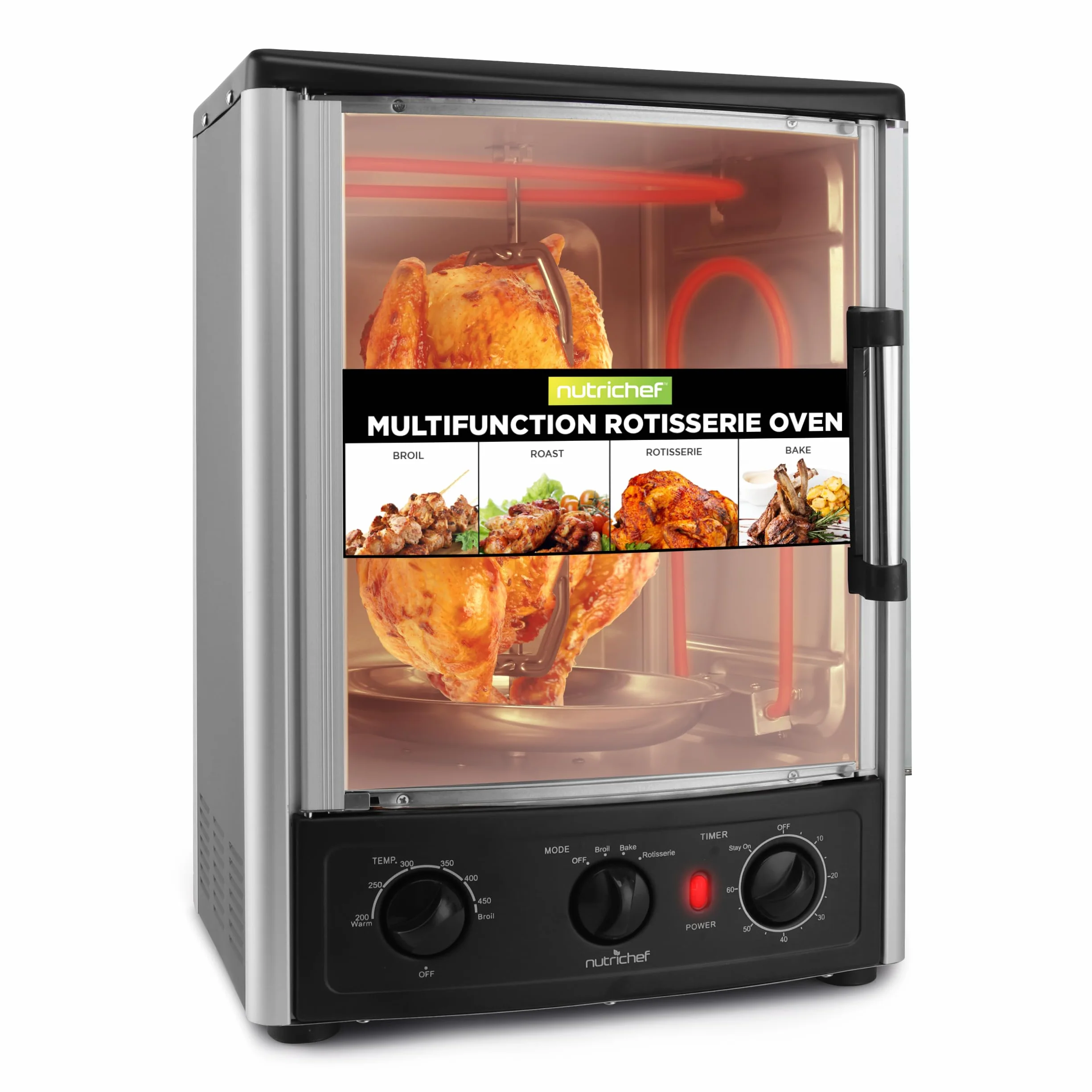 NutriChef Four Rotissoire 24QT, 22L – Mini Four de Comptoir à Convection avec Grill, Minuteur, Thermostat Réglable, Porte Vitrée, Cuisson Uniforme, Rôtissoire Verticale Incluse