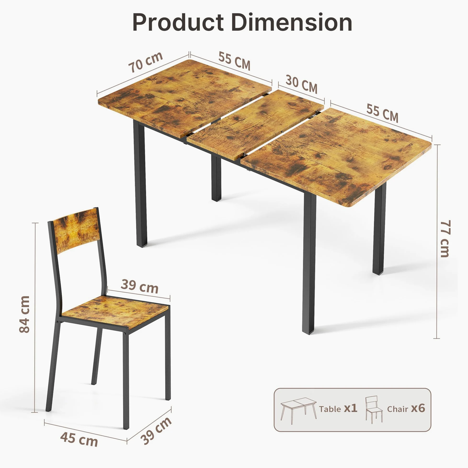 Xbro Ensemble Table à Manger 6 Personnes Extensible avec 6 Chaises, Gain de Place, Structure Métal Stable, Montage Facile, Cuisine Salle à Manger 110–140 cm