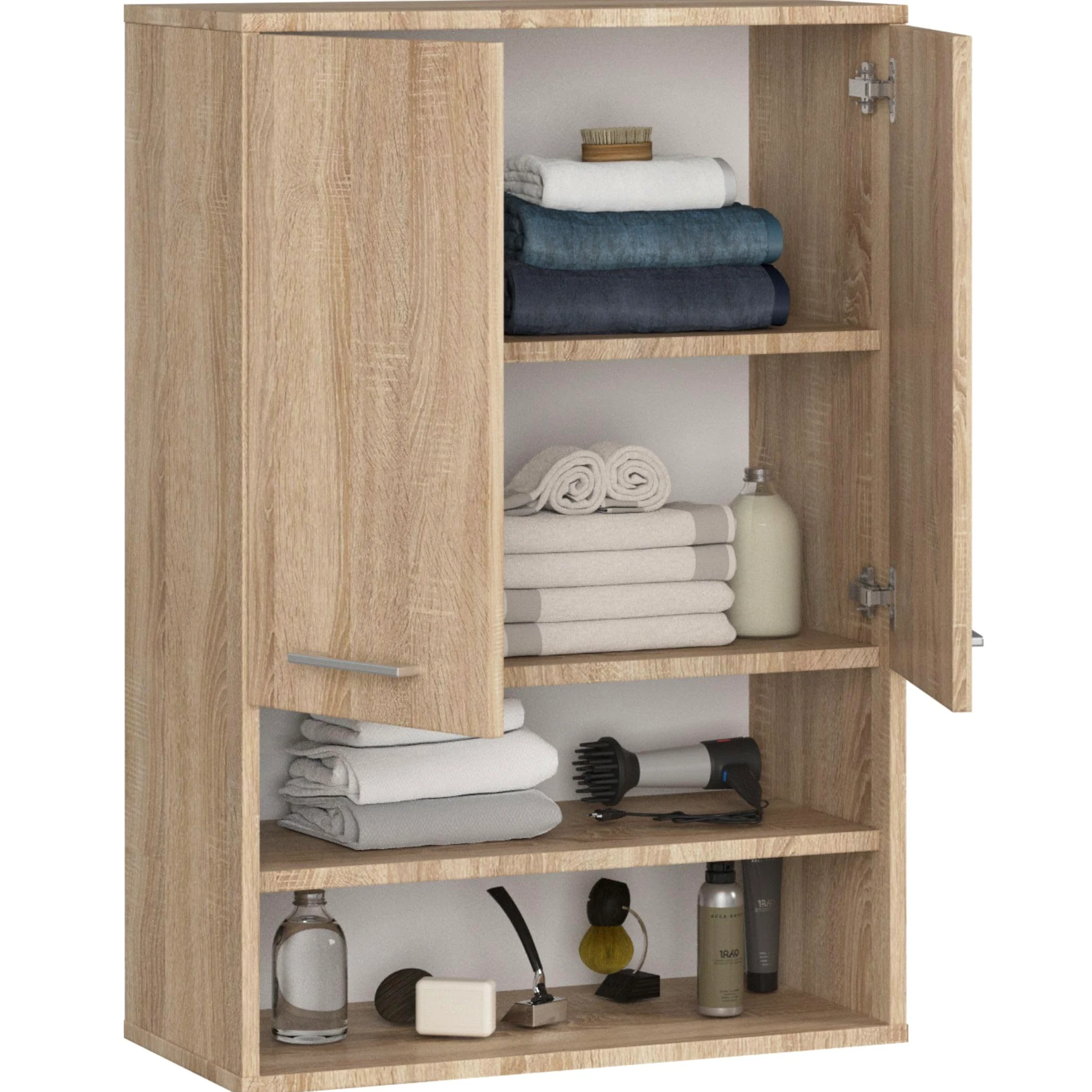 AKORD Meuble Salle de Bain Suspendu Fin 64 cm - 2 Portes, 2 Étagères 2 Compartiments Ouverts - Meuble Haut WC Meubles Suspendus - Armoire Murale Moderne 64x94x30 cm - Chêne de Sonoma