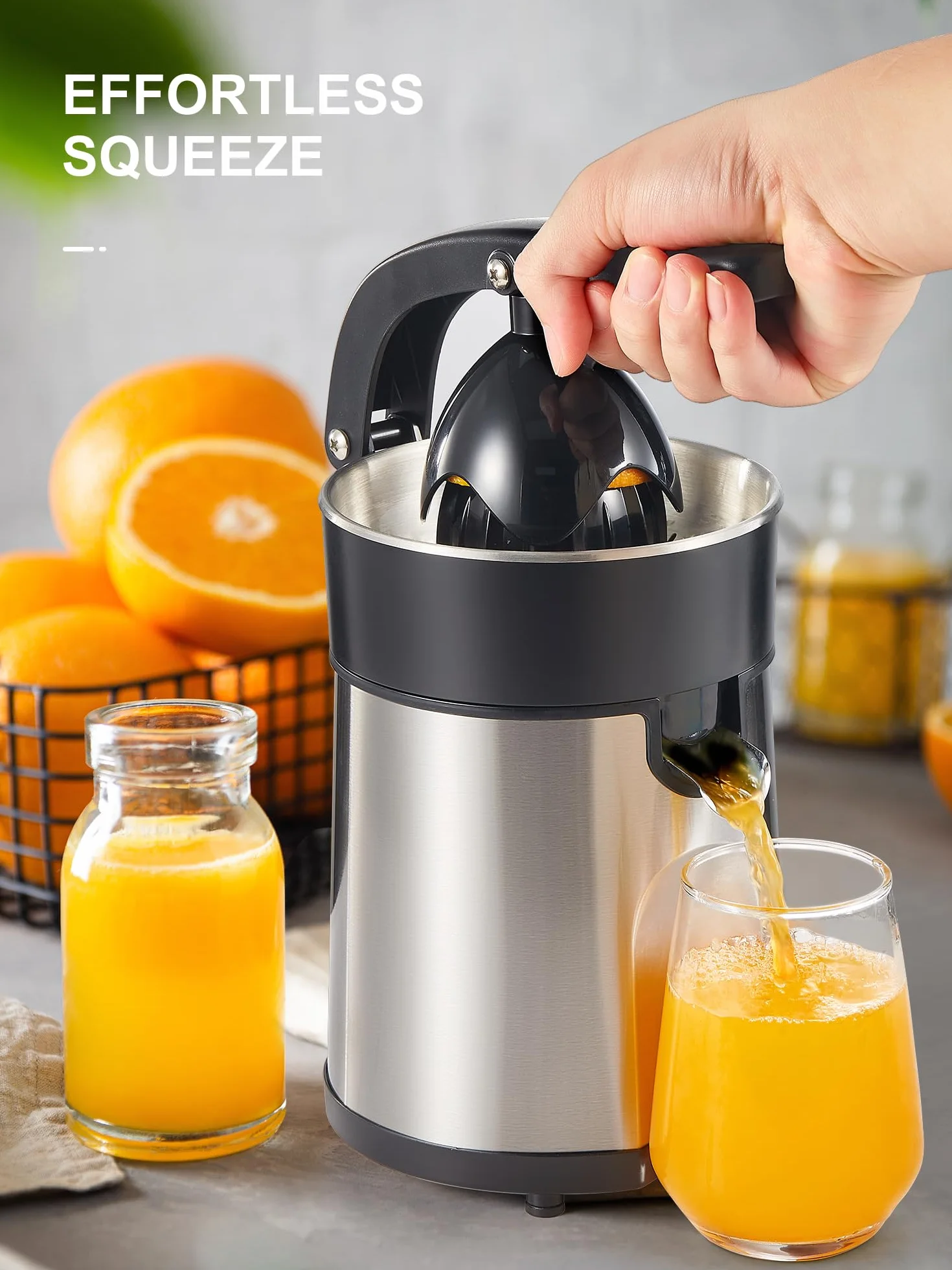 Vinato Presse agrumes électrique, presse-orange électrique avec 2 cônes interchangeables, lavable au lave-vaisselle, sans BPA, Presse agrumes électrique pour orange, citron et pamplemousse