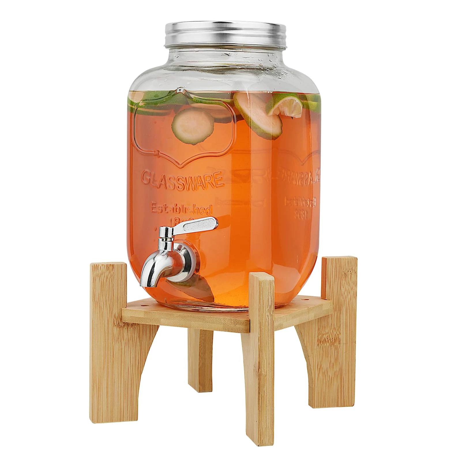 4L Distributeur de Boissons en Verre avec Robinet Support, bonbonne de Jus de Fruits avec robinet pour BBQ, jarre cocktail, fêtes à la piscine et réunions de famille pendant les vacances