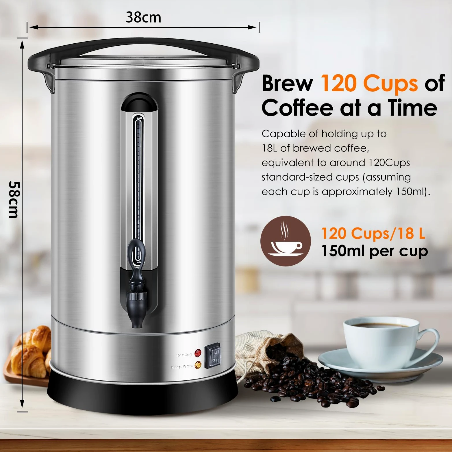Homtone percolateur à café 120 tasses/18L à double paroi, percolateur industriel avec filtre rond et robinet, distributeur d'Eau Chaude pour Café, Thé, 1500W (Argent)