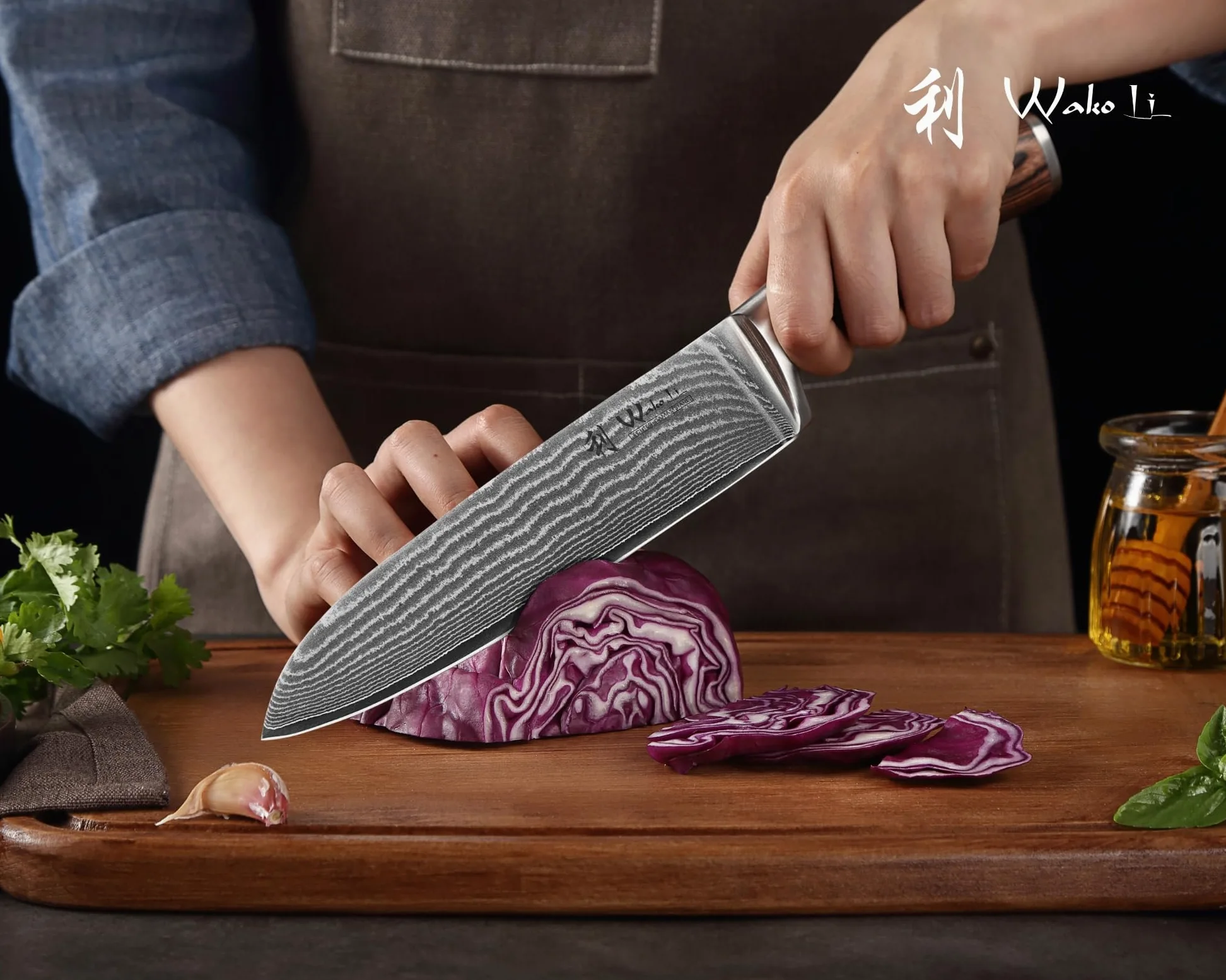 Wakoli Edib Set de 3 couteaux en Damas I Lames en acier damassé à 67 couches avec noyau VG10 et manches en bois de pakka I Couteaux de cuisine professionnels & couteaux damassés dans une boîte en bois
