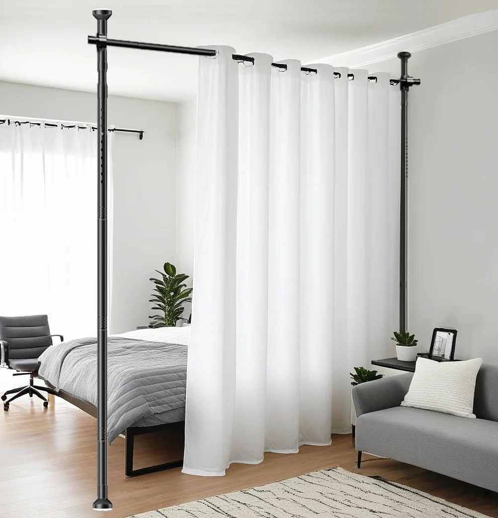 Tringle à Rideau pour Cadre de séparation de pièce 177 x 305 cm, écran réglable en flexibilité, cloison de séparation de pièce, Aucun perçage requis, pour Chambre ou Bureau (Noir)