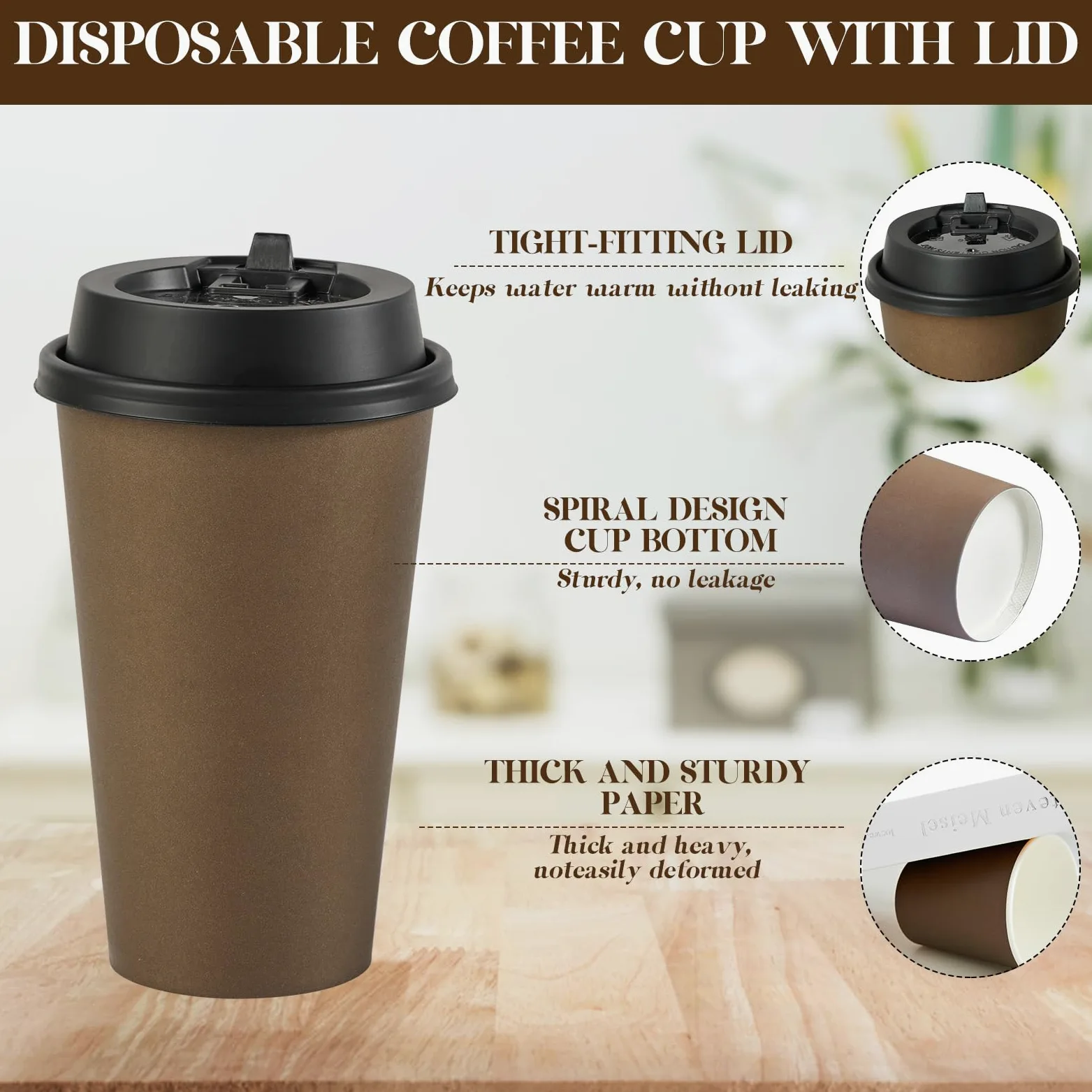 LITOPAK Lot de 100 tasses à café jetables en papier marron de 473,6 g avec couvercles, pour café chaud, eau, jus ou thé, tasses à café en papier chaud pour la maison, le restaurant, le magasin et le