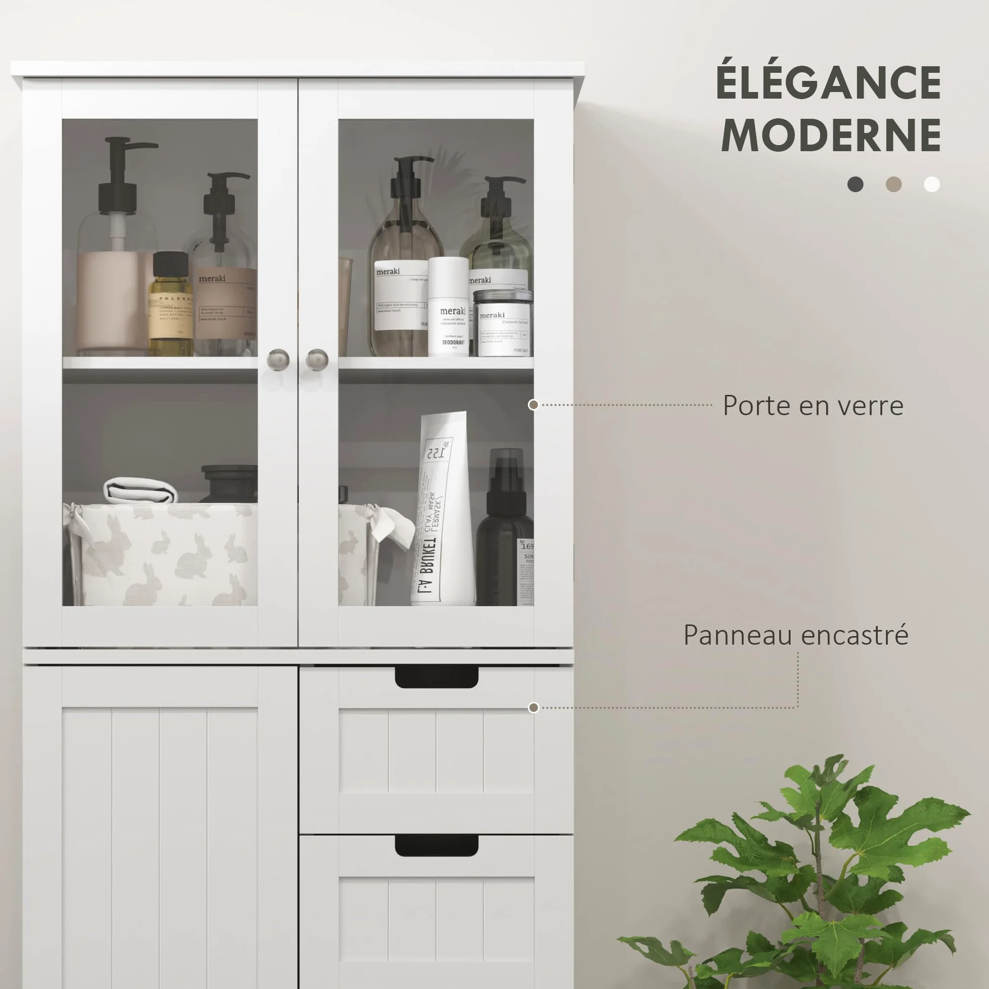 HOMCOM Meuble de Salle de Bain Haut, Meuble de Rangement, Colonne Salle de Bain avec 4 Portes Dont 2 vitrées, 2 tiroirs et étagères réglables, Style Moderne, pour Salon, Chambre, 60x30x170cm, Blanc
