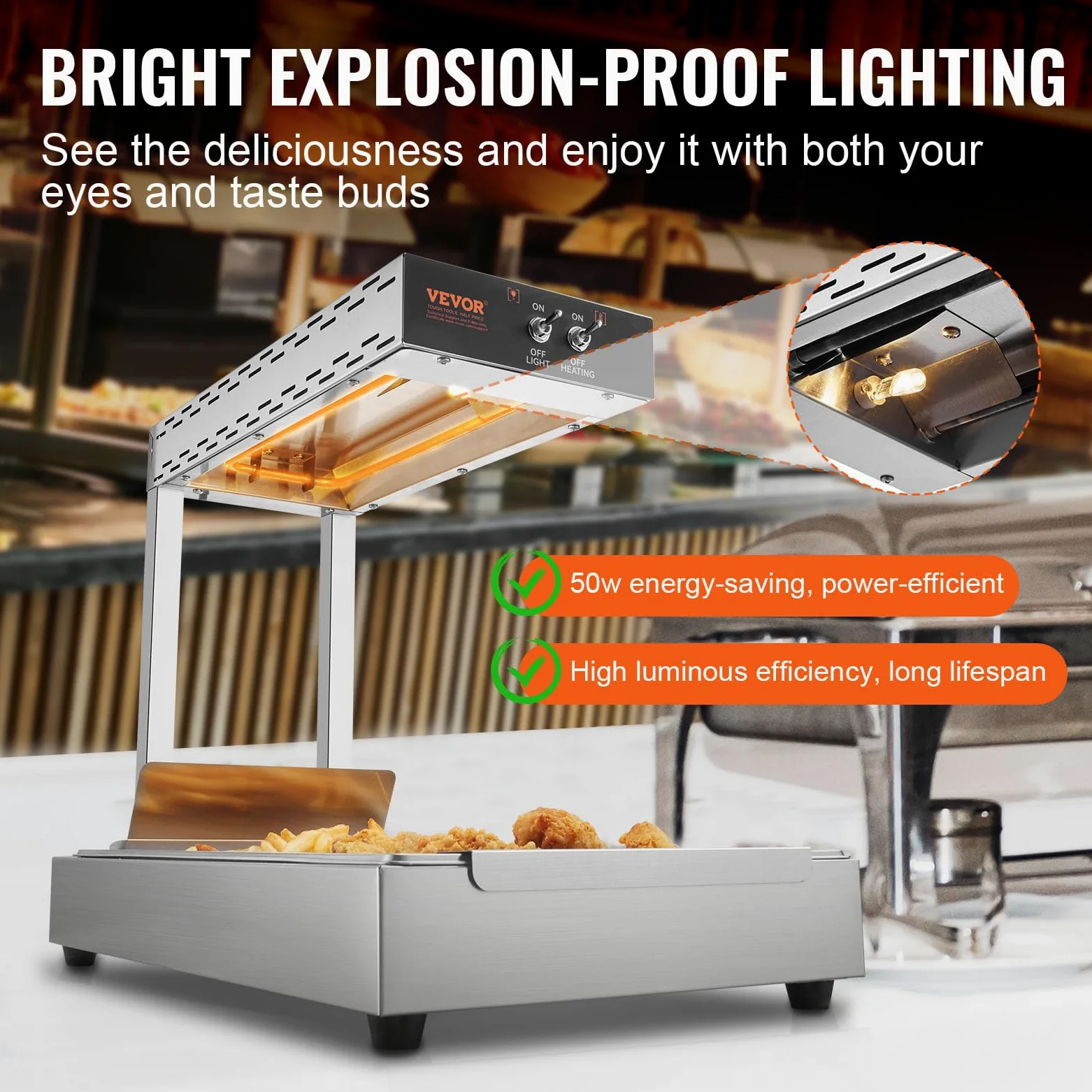 VEVOR Chauffe-Frites Commercial 750 W Lampe Chauffe-Plat en Acier Inoxydable Température 40-50 ℃ avec Pince pour Maintien au Chaud Pizza Poulet Frit Hamburger Aliments Buffet Cuisine Restaurant