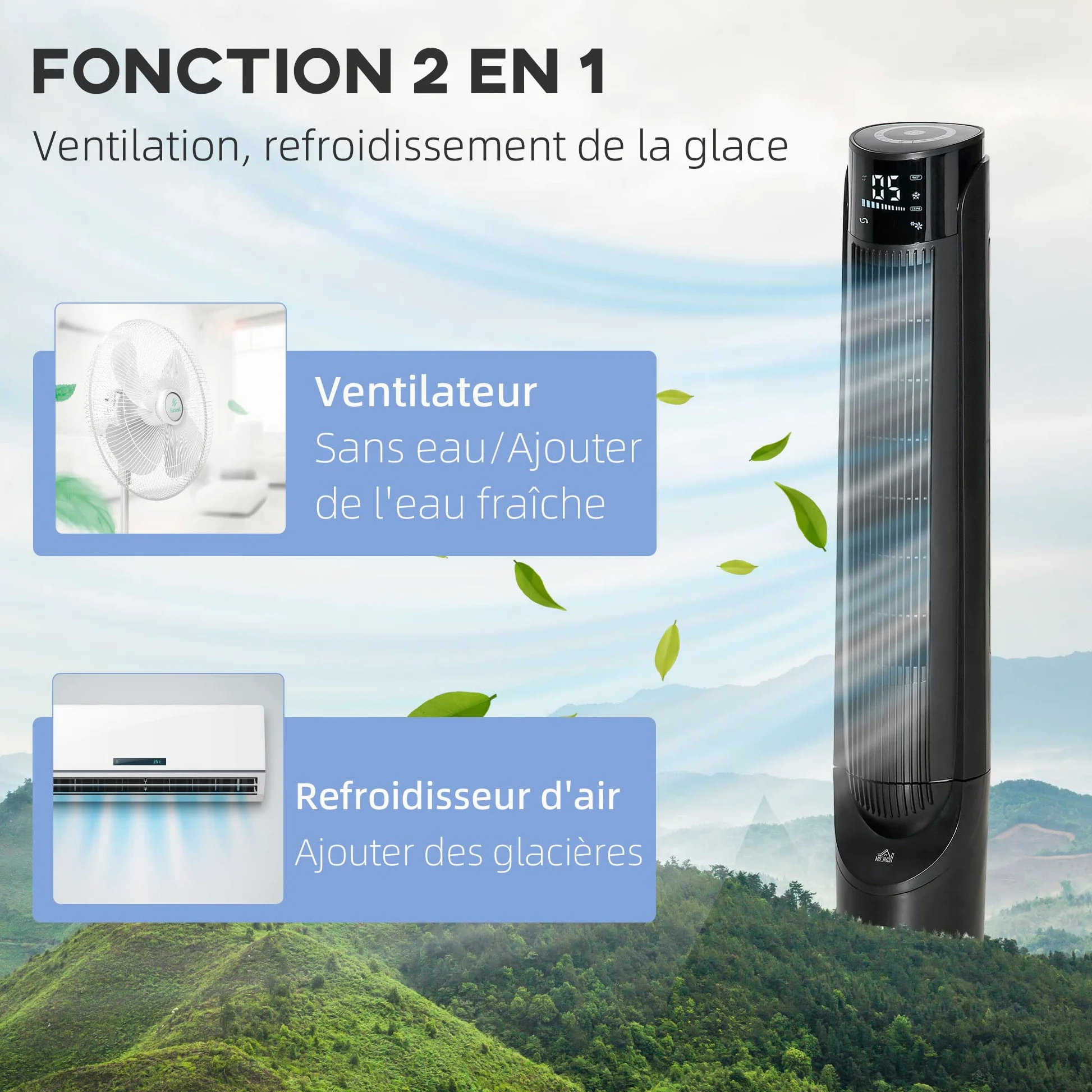 HOMCOM Rafraîchisseur d'air/ventilateur colonne/humidificateur 3 en 1-oscillant, 4 modes, 3 vitesses, Minuterie, télécommande réservoir 2.8L avec 1 bloc réfrigérant