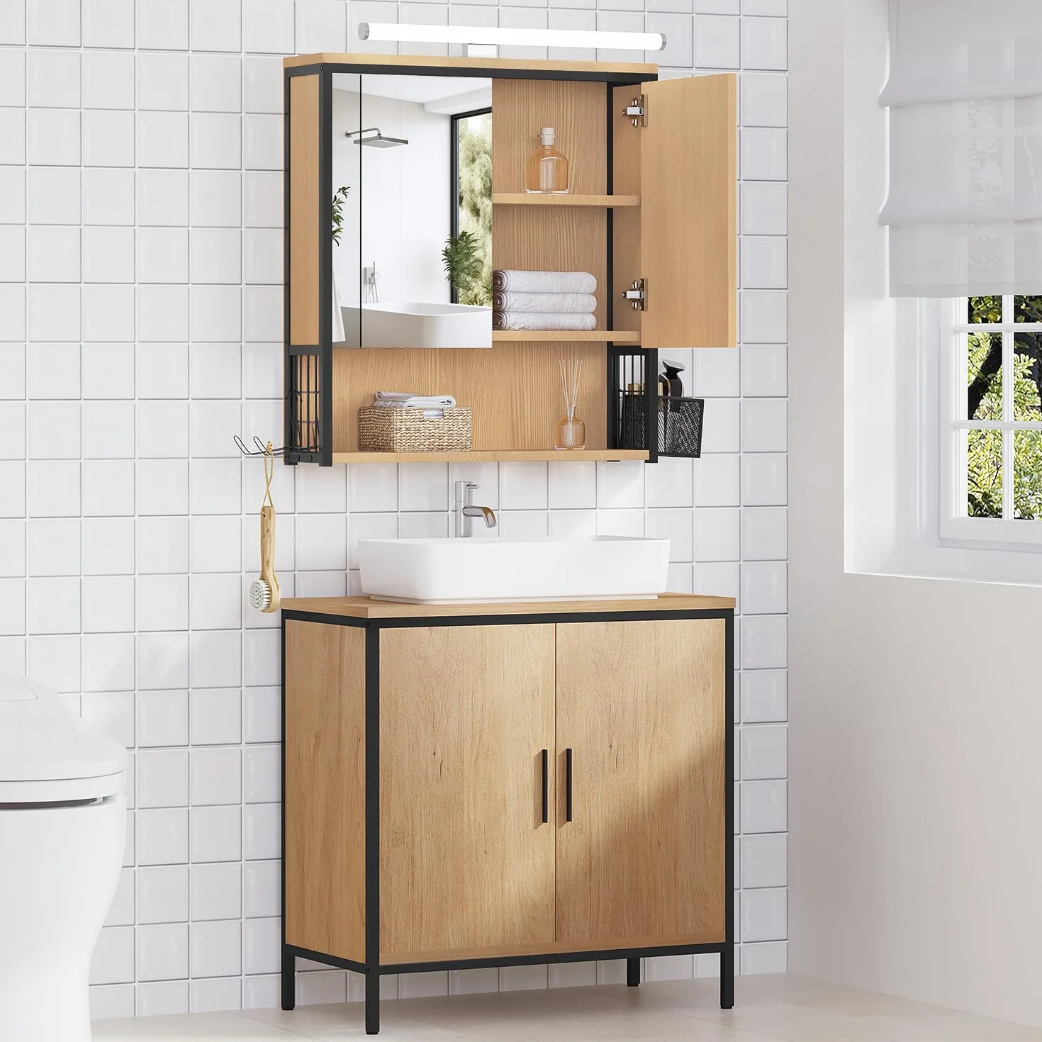 EUGAD Armoire Murale Salle de Bain avec Miroir et LED, Meuble Salle de Bain, Armoire de Toilette, avec Étagère Réglable, Support Sèche-Cheveux, Chêne +Noir