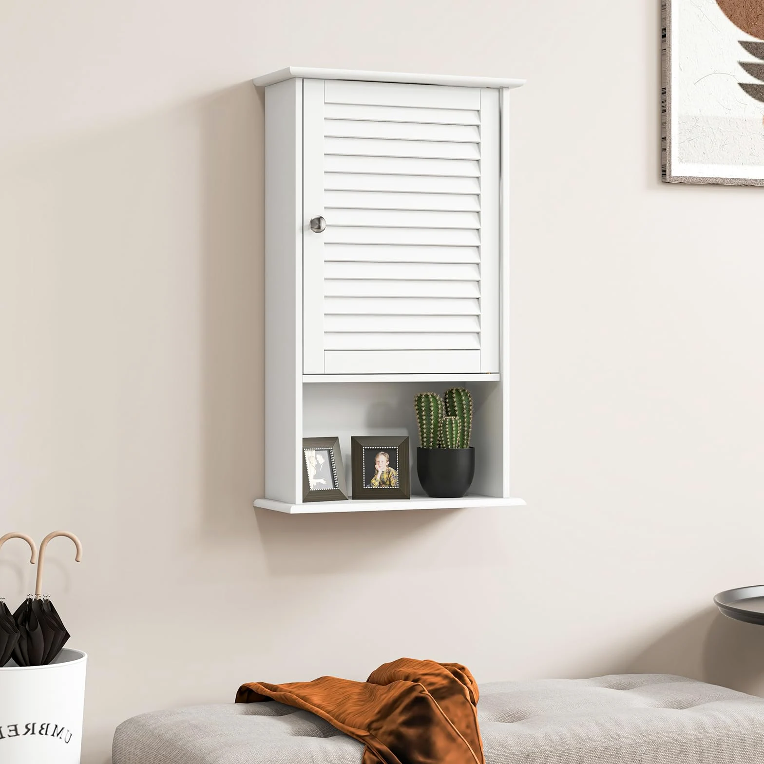 GIANTEX Armoire de Salle de Bain Murale avec Une Porte, 2 étagères réglables et Compartiment Ouvert, Armoire en Bois à 3 Niveaux, Meuble Polyvalent pour la Salle de Bain, Cuisine, entrée (Blanc)