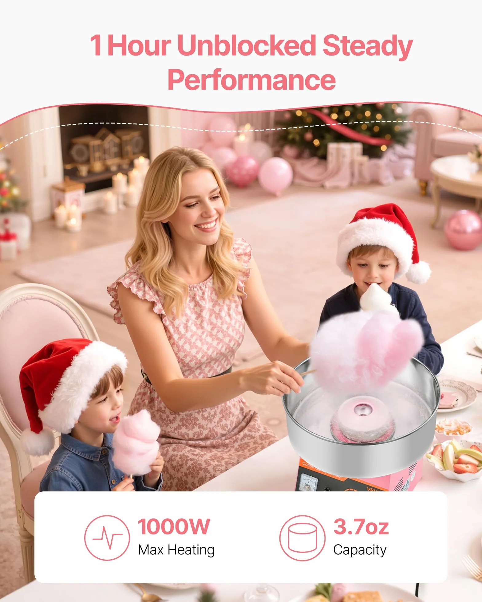 VEVOR Machine à Barbe à Papa Électrique 1000 W, Appareil à Barbe à Papa avec Bol en Acier Inoxydable de 38 cm et Cuillère à Sucre, Nettoyage Facile, pour Faire des Bonbons, Fêtes Anniversaires, Rose