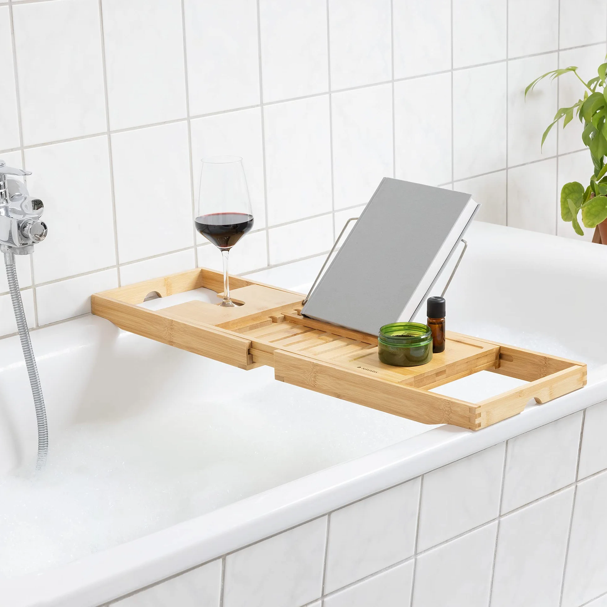 Navaris Pont de Baignoire Bambou - Plateau de Bain Extensible 70-104 cm avec Support Rangement Tablette Livre téléphone Verre de vin Bougie