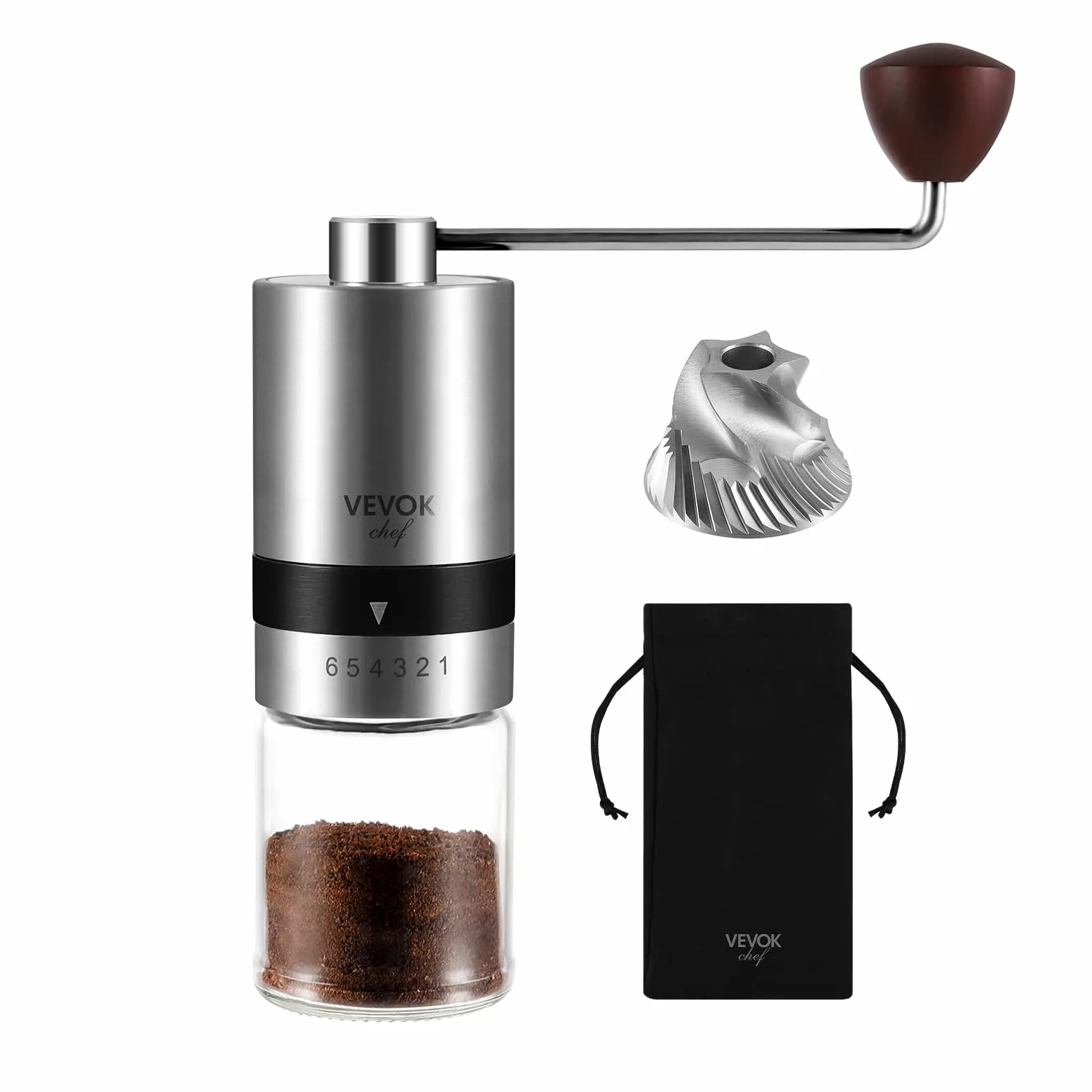Vevok Chef Moulin à Café Manuel avec 6 Réglages Externes pour Espresso à French Press, Meule Conique en Acier Inoxydable, Idéal pour Maison, Bureau ou Voyages, Argent
