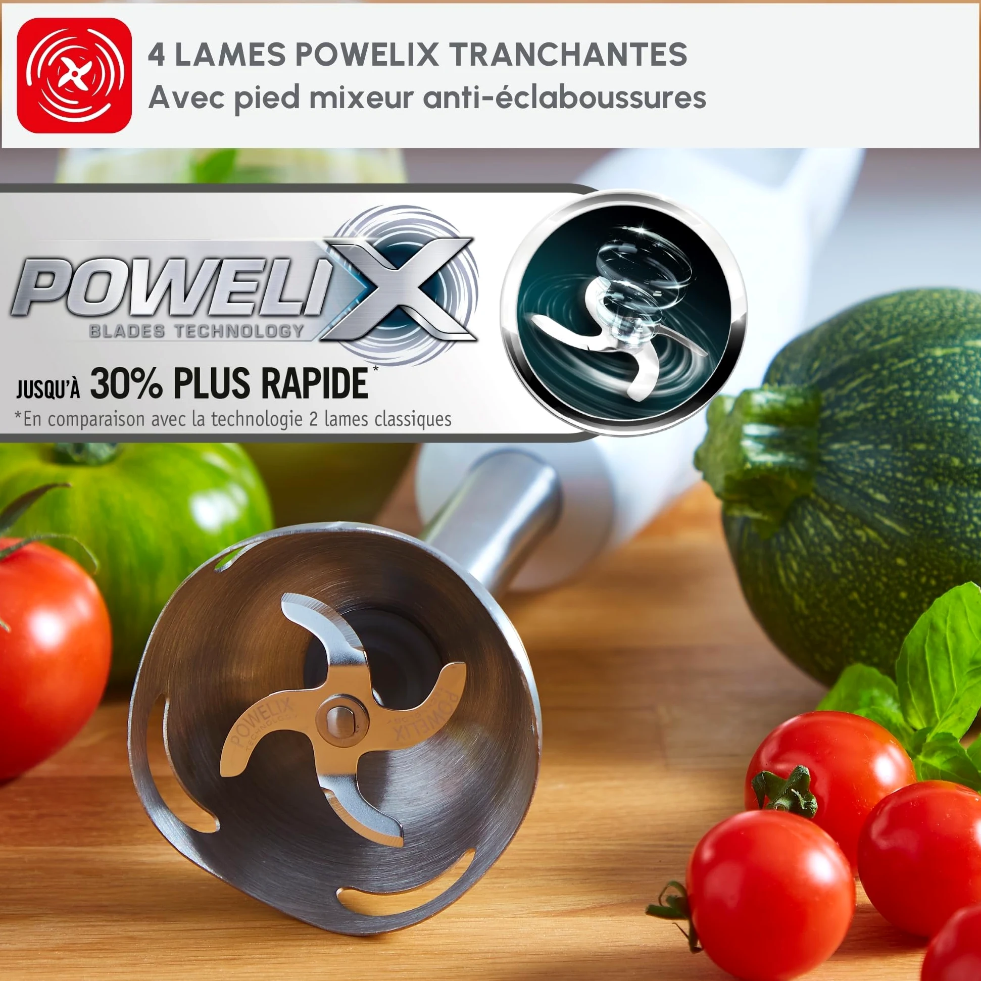 Moulinex Mixeur plongeant, 600 W, 2 vitesses, Poignée ergonomique, Pied antiéclaboussures inox, Compatible lave-vaisselle, 4 lames technologie Powelix, Daily Chef Blanc DD551110