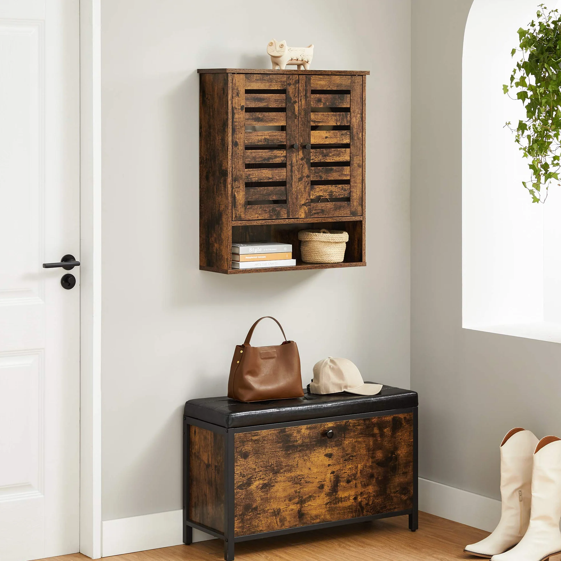 VASAGLE Meuble de Rangement Suspendu pour Salle de Bain, Armoire à Pharmacie, Placard, Compartiment Ouvert, étagère réglable en Hauteur, 60 x 20 x 70 cm, Marron Rustique BBK121X01