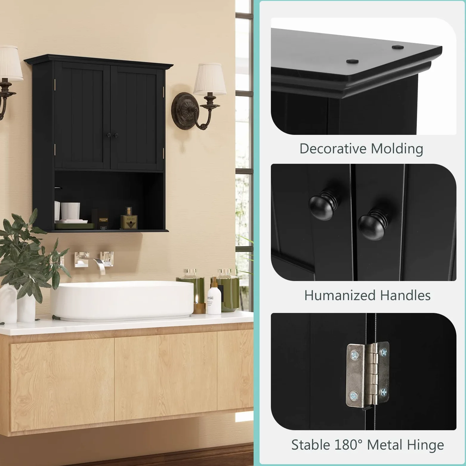 LIFEZEAL Armoire Murale Salle de Bain, Meuble Rangement Mural avec Etagère Réglable et 2 Portes, Placard de Rangement en Bois 60x20x70,5 CM, pour Cuisine, Salon, Chambre, Noir