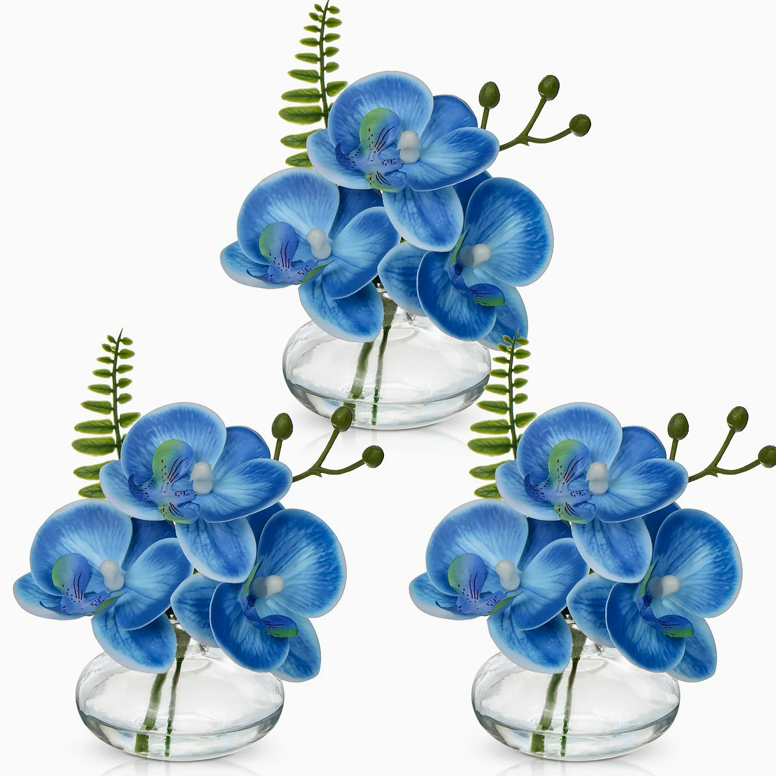 Briful Lot de 3 orchidées artificielles dans un vase en verre, orchidées bleues artificielles dans l'eau artificielle pour décoration de salon, salle de bain, bureau