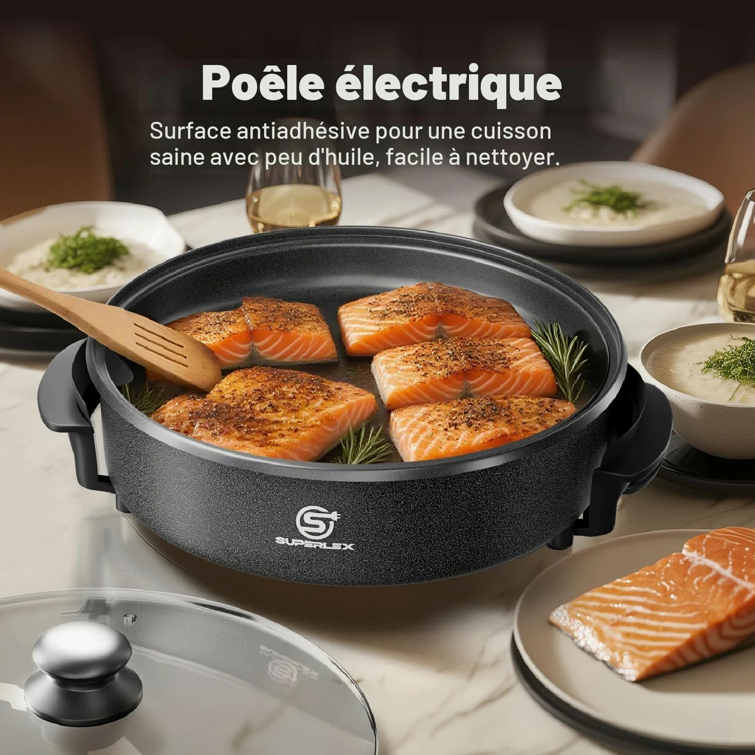 Poêle Multifonctionnelle 30x7 cm, 5,6 Litres Poêle Électrique avec Couvercle 1500W Poêle Électrique à Pizza (42CM)