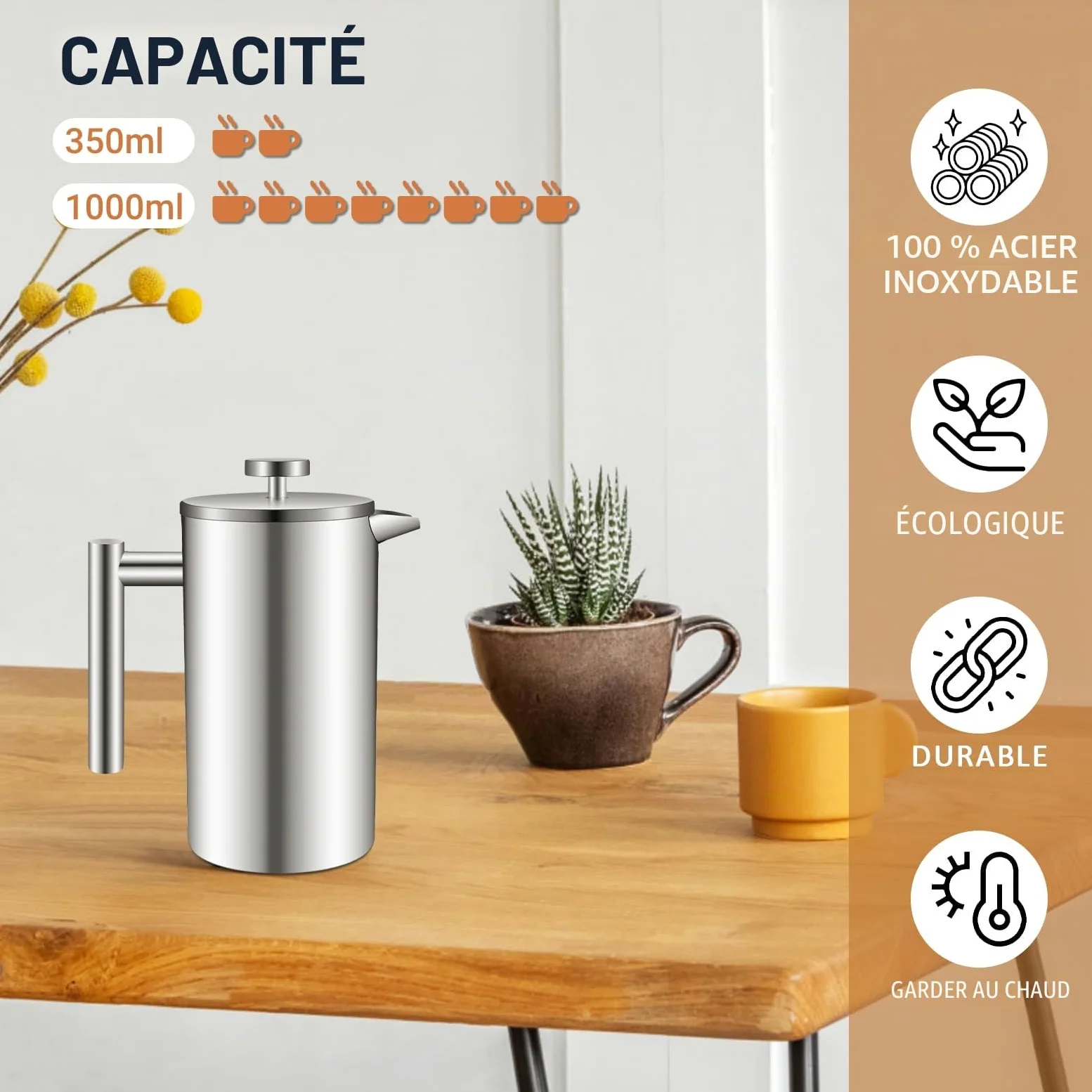 Cafetière à Piston 1L Inox Isotherme French Press 8 Tasses | 5 filtres de rechange en acier, 1000ml
