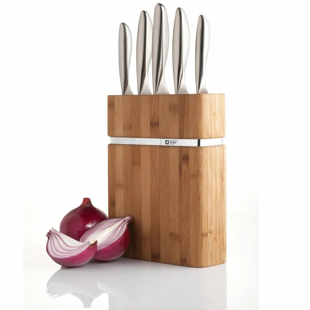 Richardson SHEFFILED - Bloc avec 5 Couteaux de Cuisine : Office, utile, Chef, découper et Pain - Forme - Acier 13 C Finition Manche Toucher sensitif Tout INOX - 18 x 7.5 x 18 cm - INOX/Bois