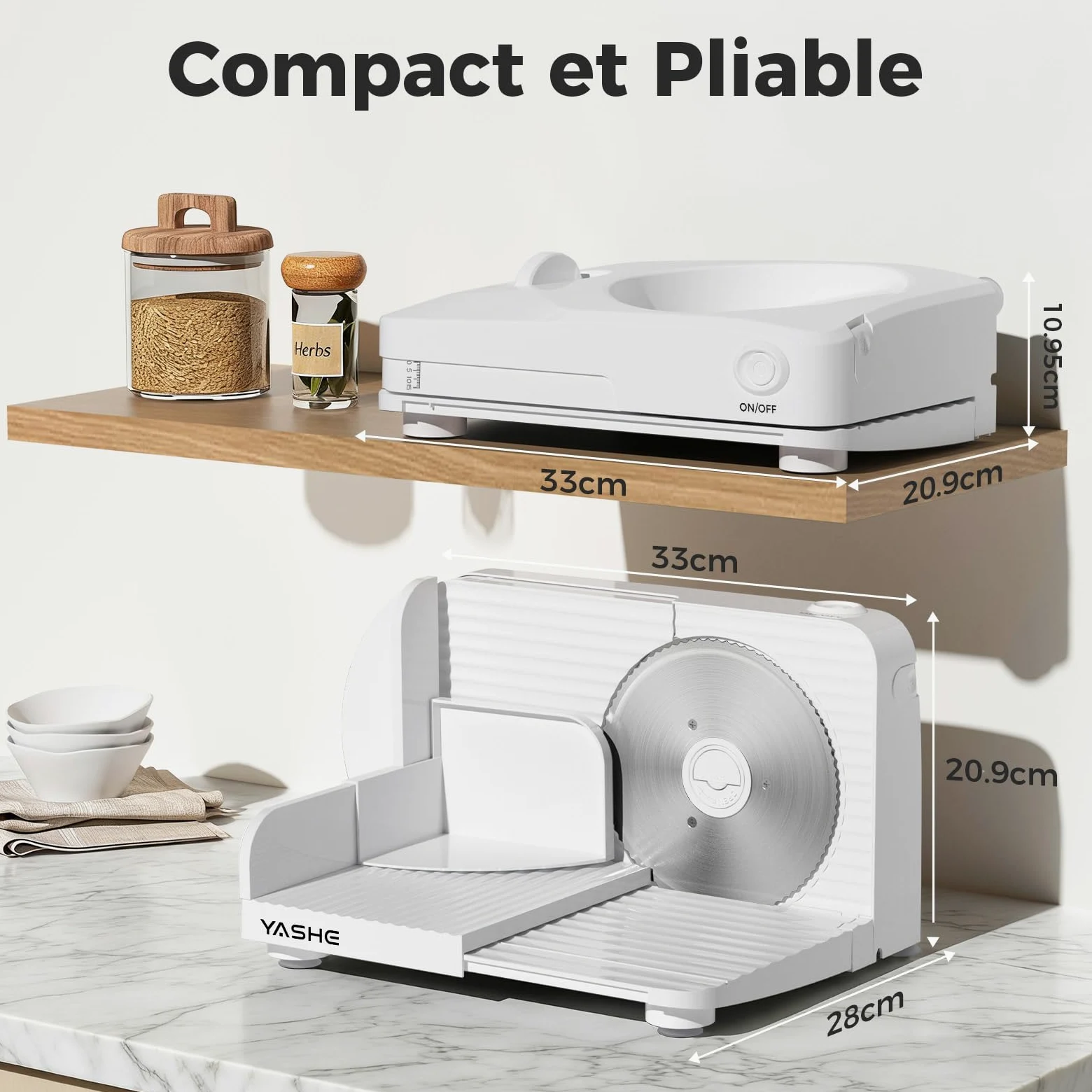 YASHE Trancheuse Électrique Pliable, 180W Trancheuse à Jambon, Lame Inox 17 cm, Épaisseur Réglable 0–15 mm, Compacte et Facile à Ranger pour Viande, Fromage, Pain, Légumes, Blanc