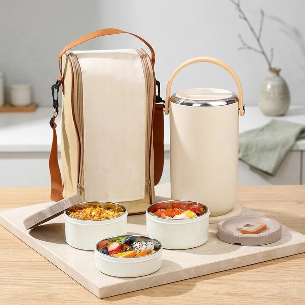 Boîte Repas 3 Niveaux Isotherme Étanche Boîte Repas 3 Niveaux(White) | Isolation pour vide double paroi, 6h froid 8h chaud, 3 niveaux séparés, isotherme offert, pour idéal bureau