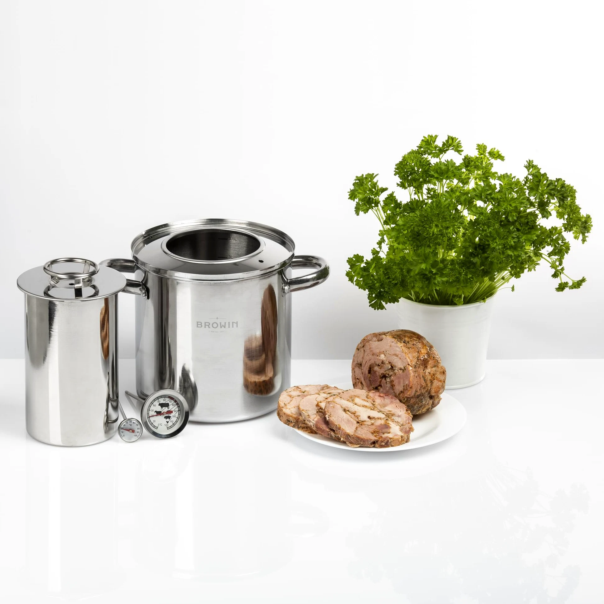 Browin 313016 Kit Complet de 1,5 kg de Réchaud à Jambon Manteau d'eau, avec un Pot de Thermomètre | Pour la Cuisson du Jambon à la Maison | 18/8 en Acier Inoxydable, Argenté