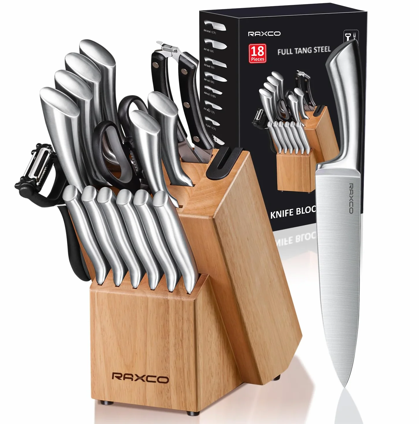RAXCO Bloc à couteaux, Set de 18 couteaux de cuisine en acier inoxydable - Set de couteaux à steak, Sets de couteaux de cuisine professionnels avec bloc et aiguiseur (Oak)