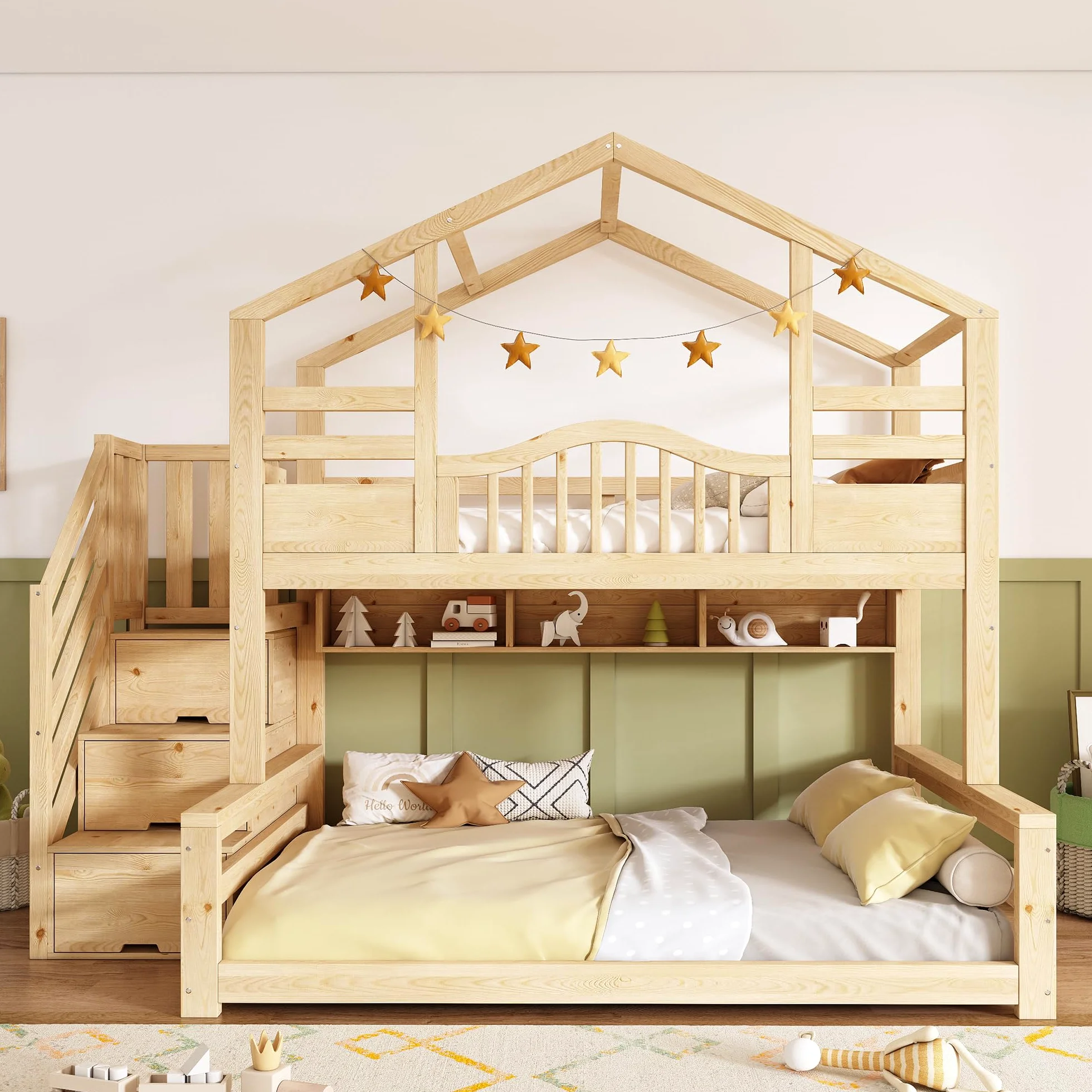 Lit Superposé en Bois pour Enfants 90x200 Et 140x200 Cm avec Rangements Hydrauliques, Escalier-BibliothèQue BarrièRes De SéCurité Et Port USB-C, Lit Familial DéCalé (Naturel, 254x145x206cm)