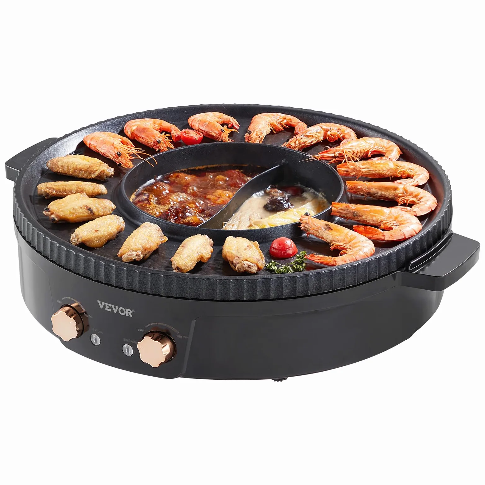 VEVOR Appareil à Fondue Chinoise avec Gril 2-en-1, Hot Pot Électrique 1800 W, Fondue Électrique avec Double Contrôle de Température Séparé, Poêle Antiadhésive, pour Barbecue Coréen Shabu Shabu Hotpot