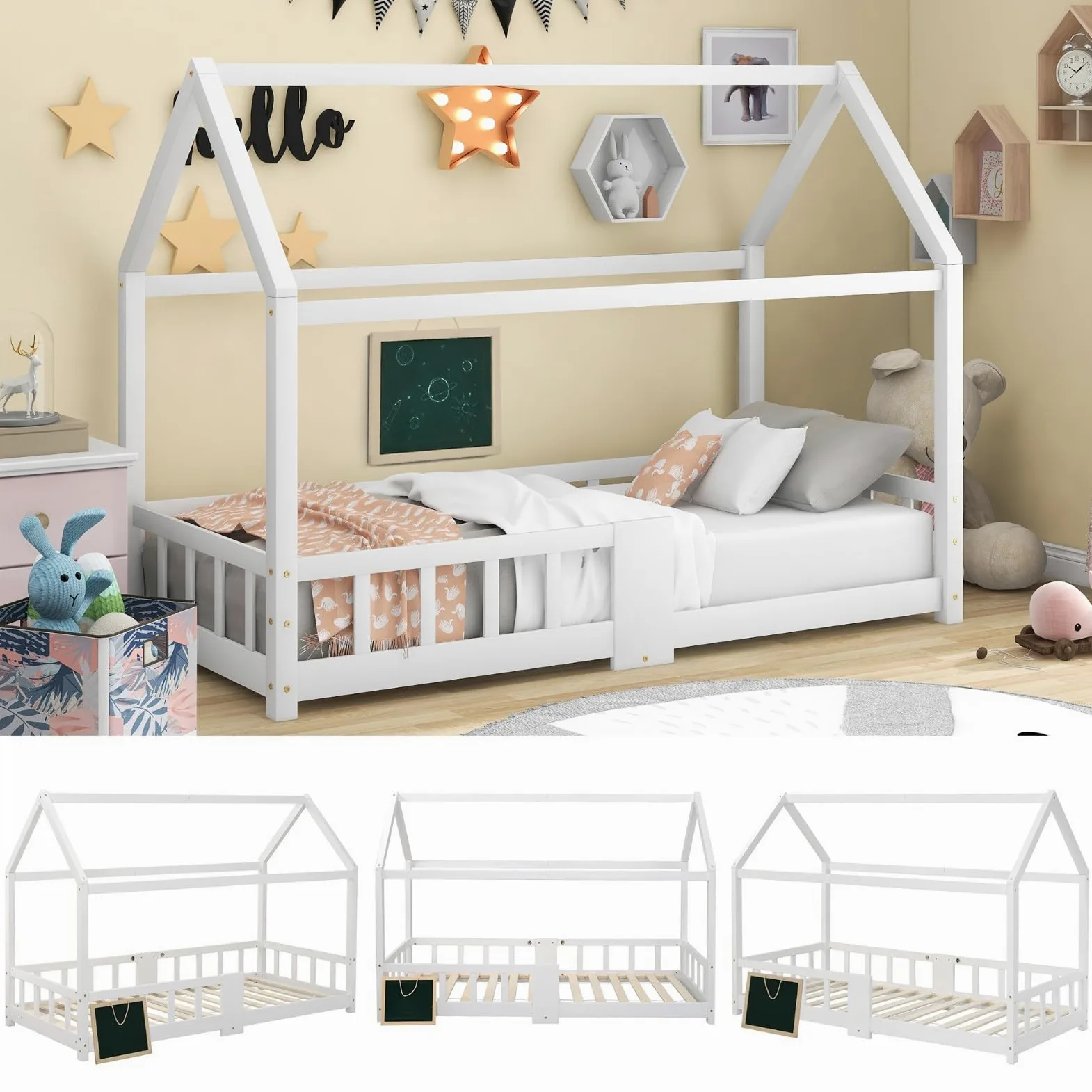 KOMHTOM Simple Lit de Maison avec Protection Anti-Chute, Lit de Jeune avec Sommier à Lattes en Bois, Cadre de lit, Minimaliste(sans Matelas) (Blanc-A, 90 x 200CM)