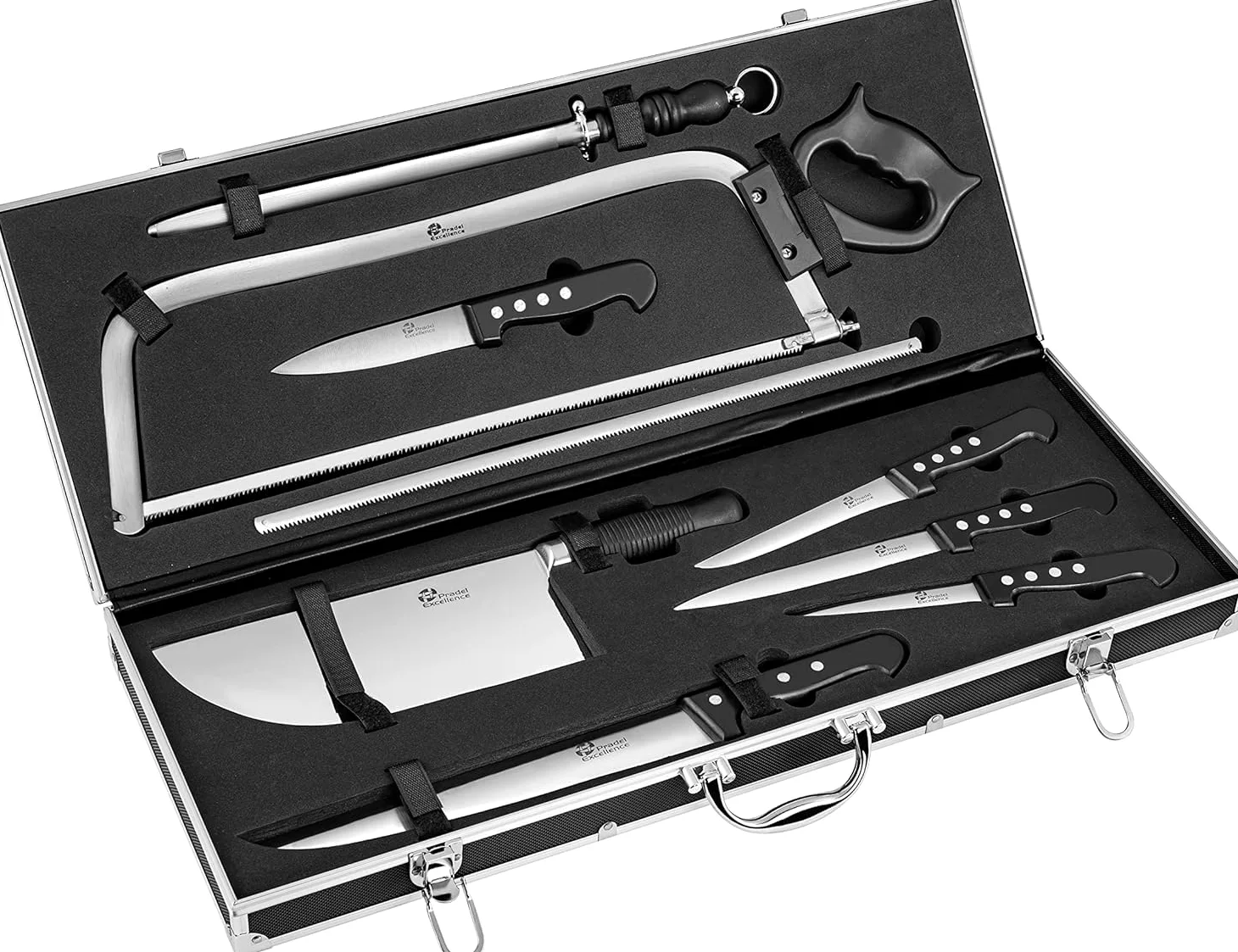 Pradel Excellence - Mallette Coutellerie du Boucher 9 Pièces - Couteaux de Boucher, Scie, Aiguiseur - Acier Inoxydable 420J2 - Mallette Aluminium - Logo Gravé, Noir,argent