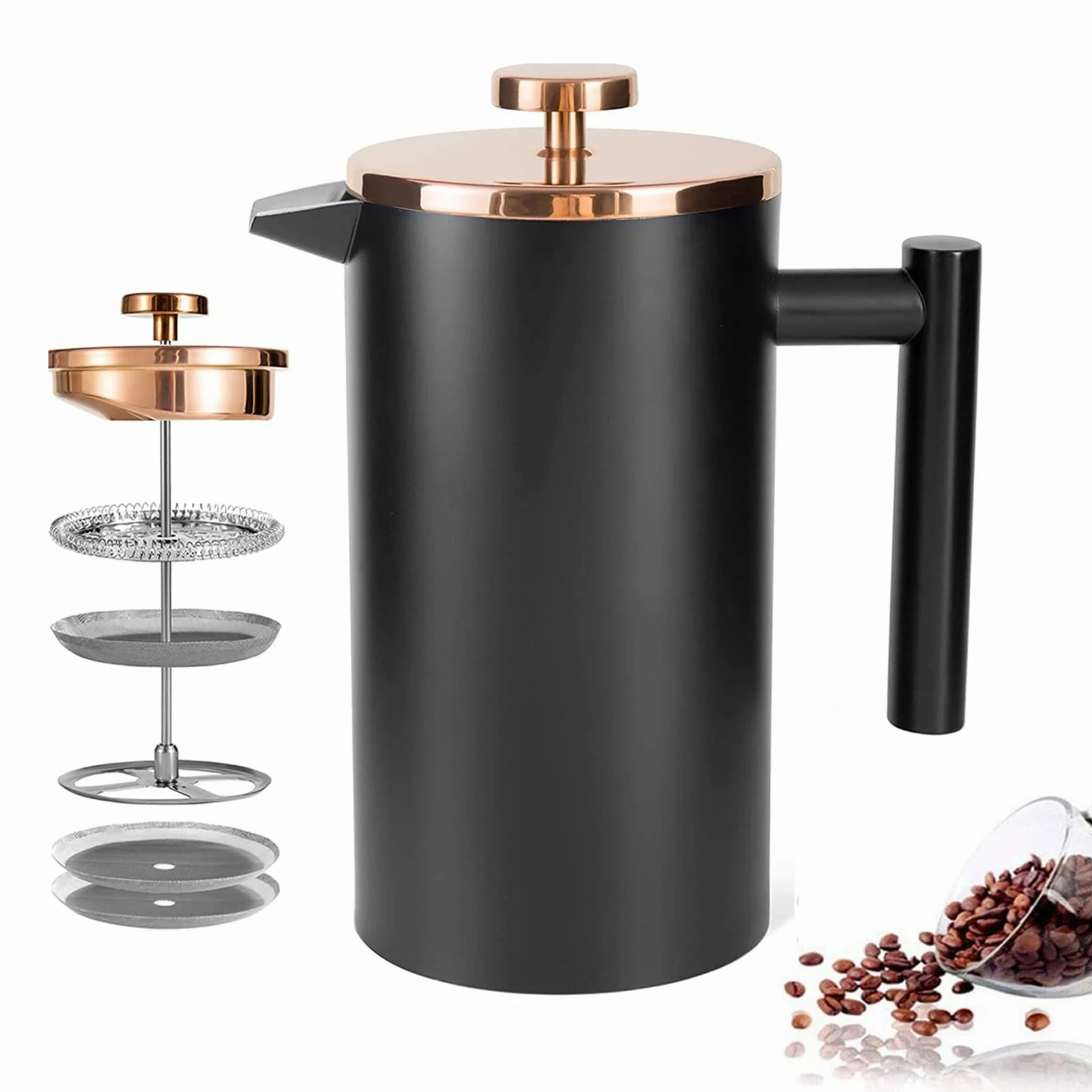 Grande cafetière à piston isotherme en acier inoxydable de 1,5 l, double paroi pour garder le café et le thé au chaud, bonus avec 2 filtres à café - Noir (1500 ml)