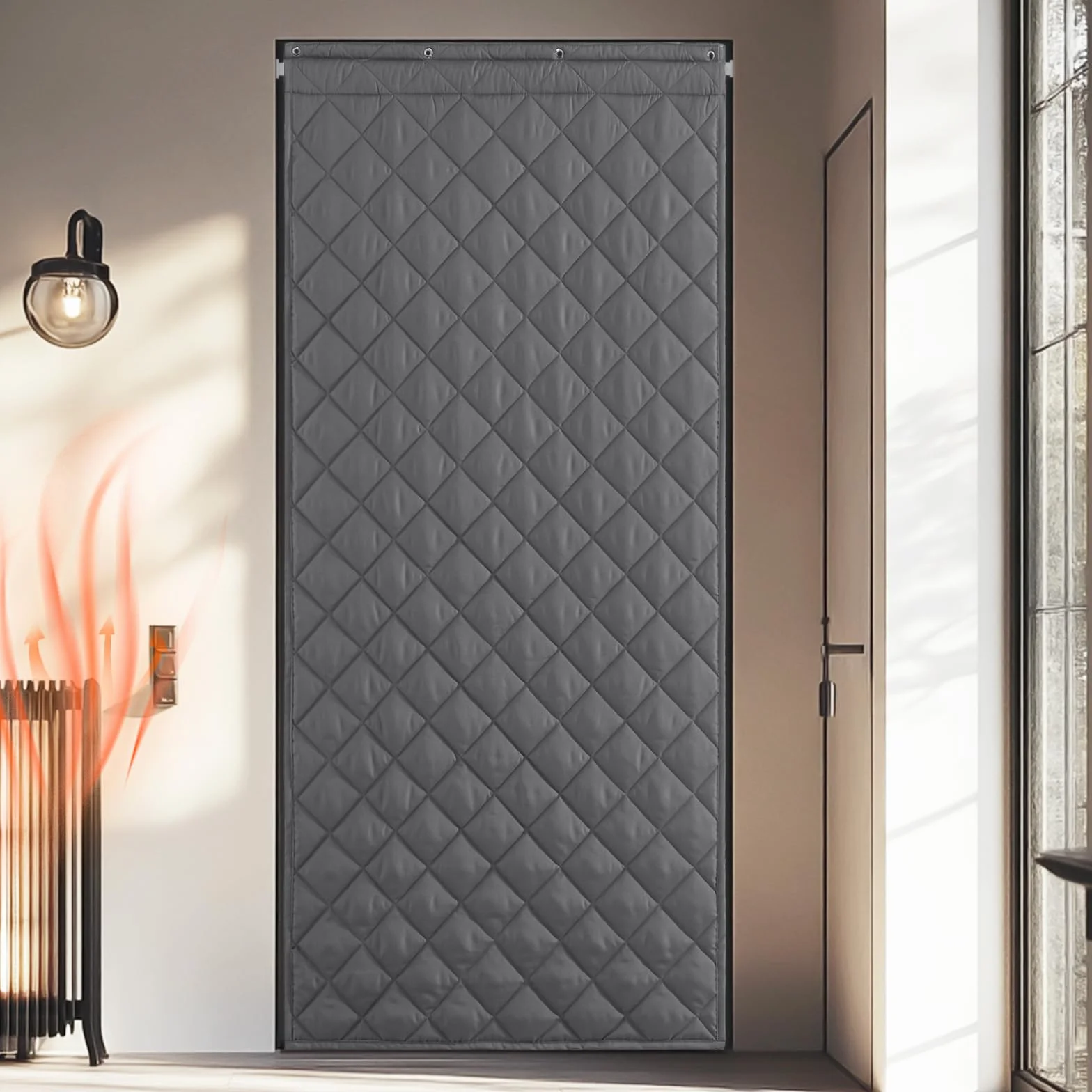 PONY DANCE Rideau Thermique Isolant Anti Froid, Couverture de Porte Insonorisée Imperméable Coupe-Vent pour Maison Chambre, Protection Épaisse Contre Le Froid, 1 PC, Gris, 90x200cm