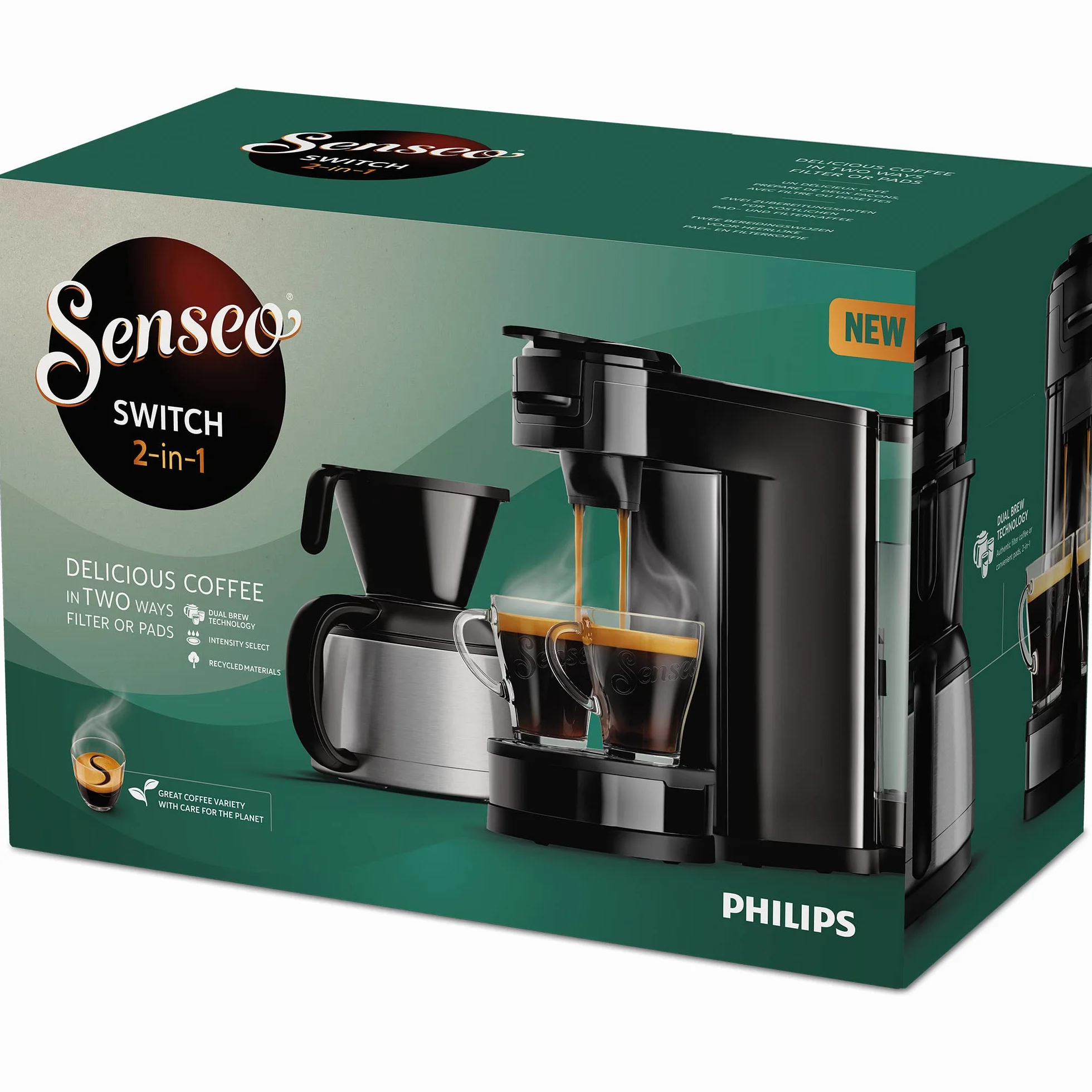 Philips Senseo Switch HD6592/64 Machine à café à dosettes et filtres, technologie d'infusion 2 en 1, réservoir d'eau de 1 litre, 7 tasses en un seul passage, noir laqué