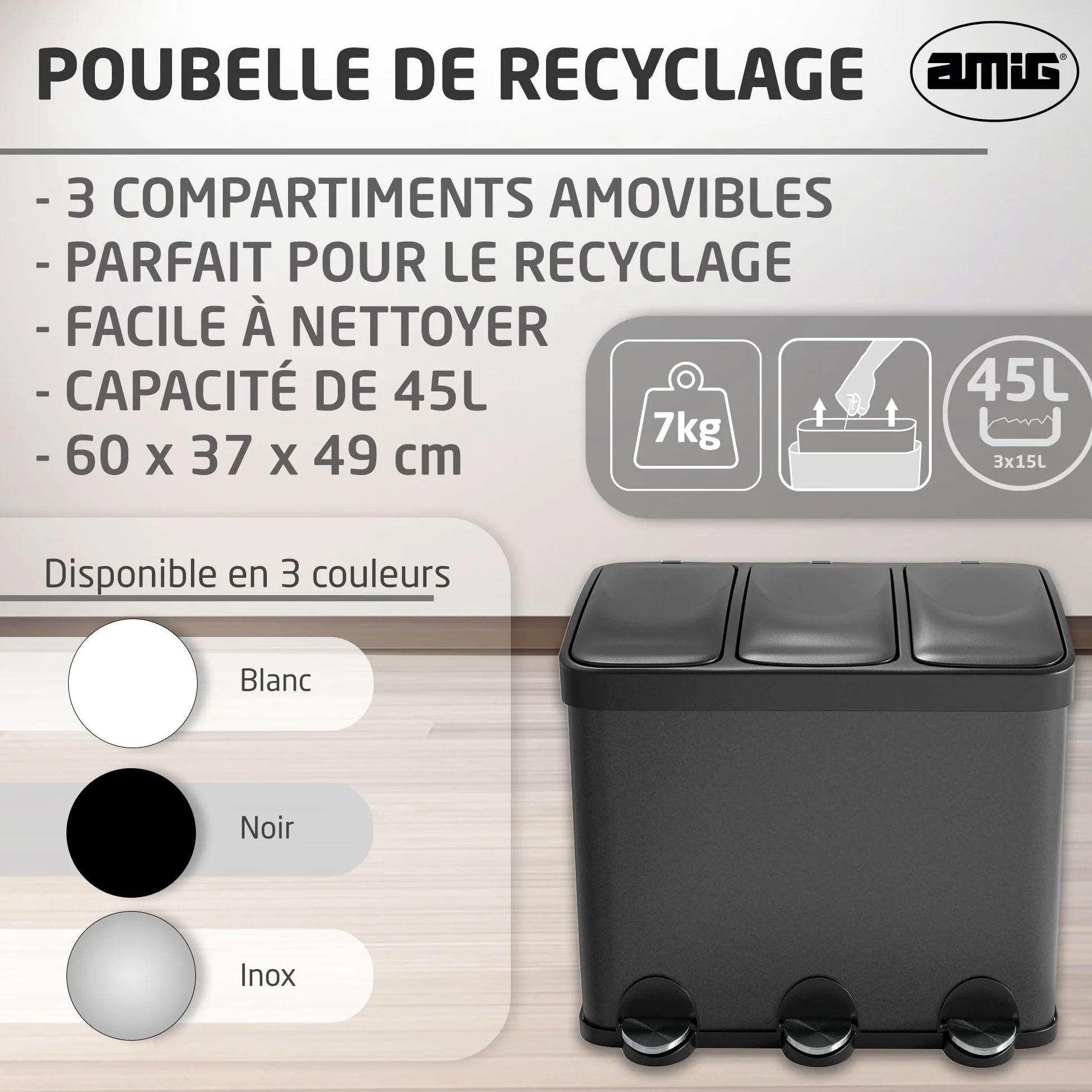 Amig - Poubelle Triple avec Pédales 45 litres - 3 Compartiments Amovibles de 15 litres - Poubelle de Recyclage pour la Cuisine - Acier - 60 x 37 x 49 cm - Noir Mat
