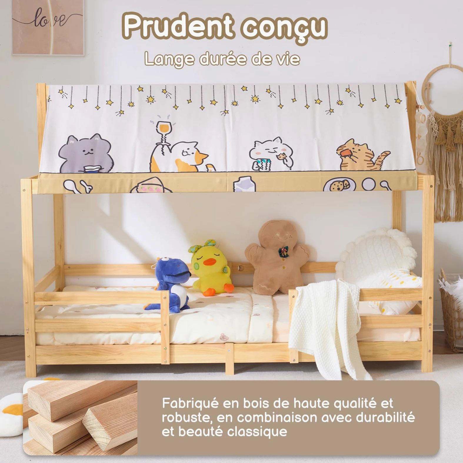 LEADZM Lit cabane Enfant 90x190 cm avec baldaquin en Tissu, sommier à Lattes, barrières de sécurité Enfant Bois en pin Forme de Maison Lit au Sol Montessori (Naturel)