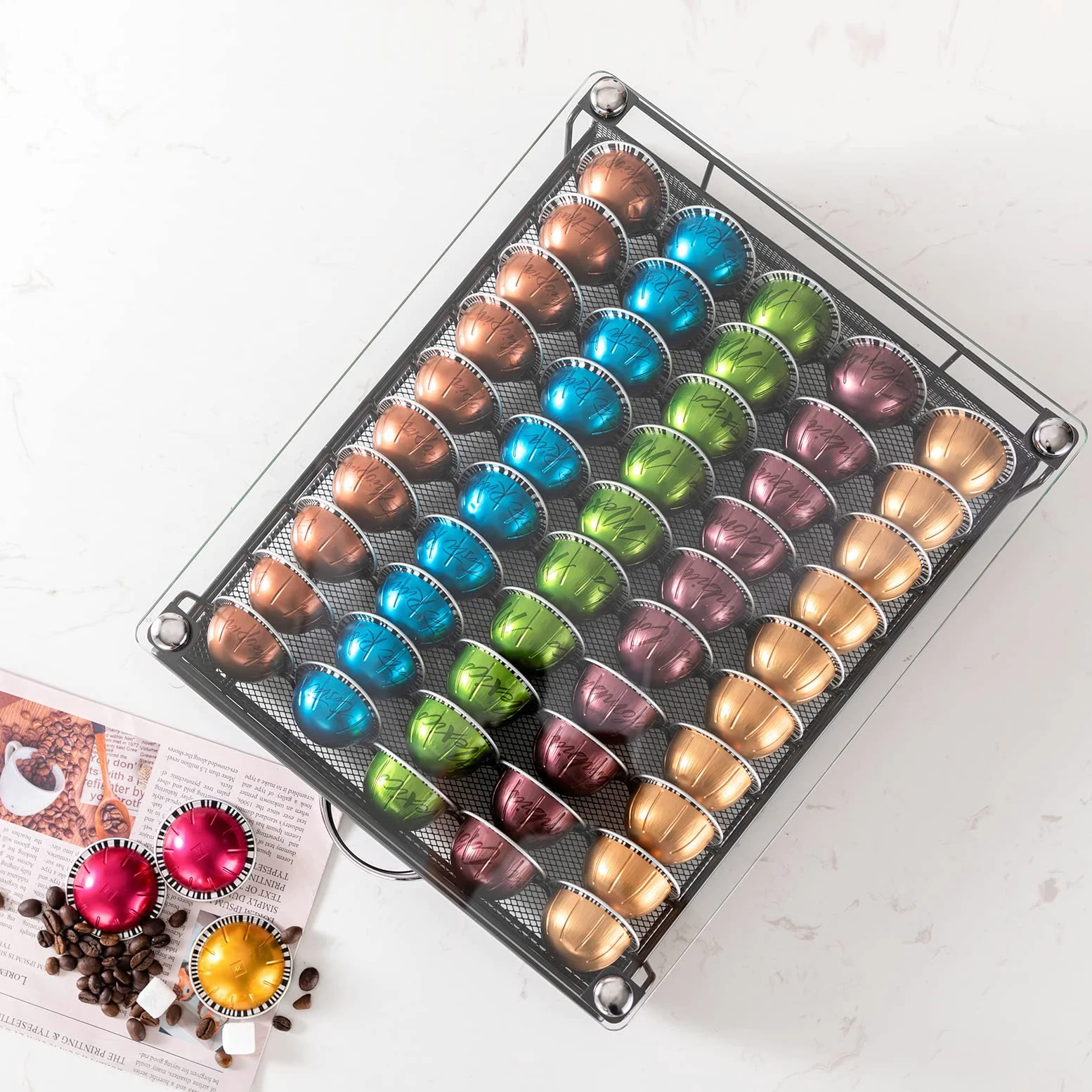 Vertuo Support de capsules de café avec tiroir en verre pour placard Vertuoline pour comptoir Classe 50 dosettes (avec poignée)