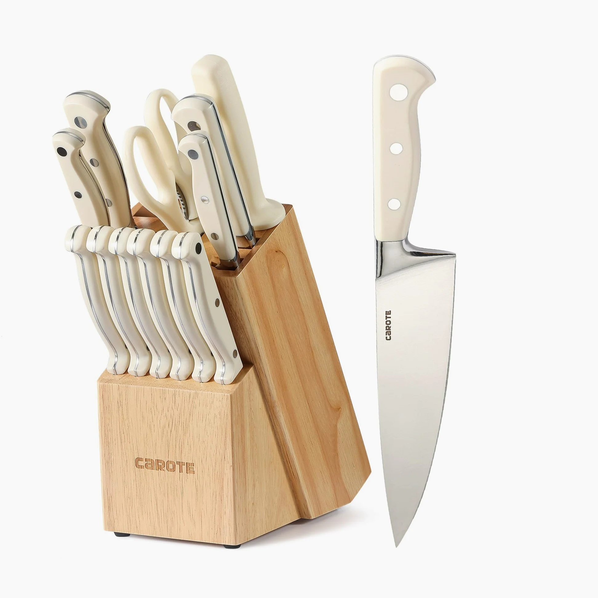 CAROTE 14 Pièces set Couteau Cuisine Professionnels en Acier Inoxydable, avec Bloc Couteaux en Bois, Compris Couteaux à Steak, Couteau de Chef,etc