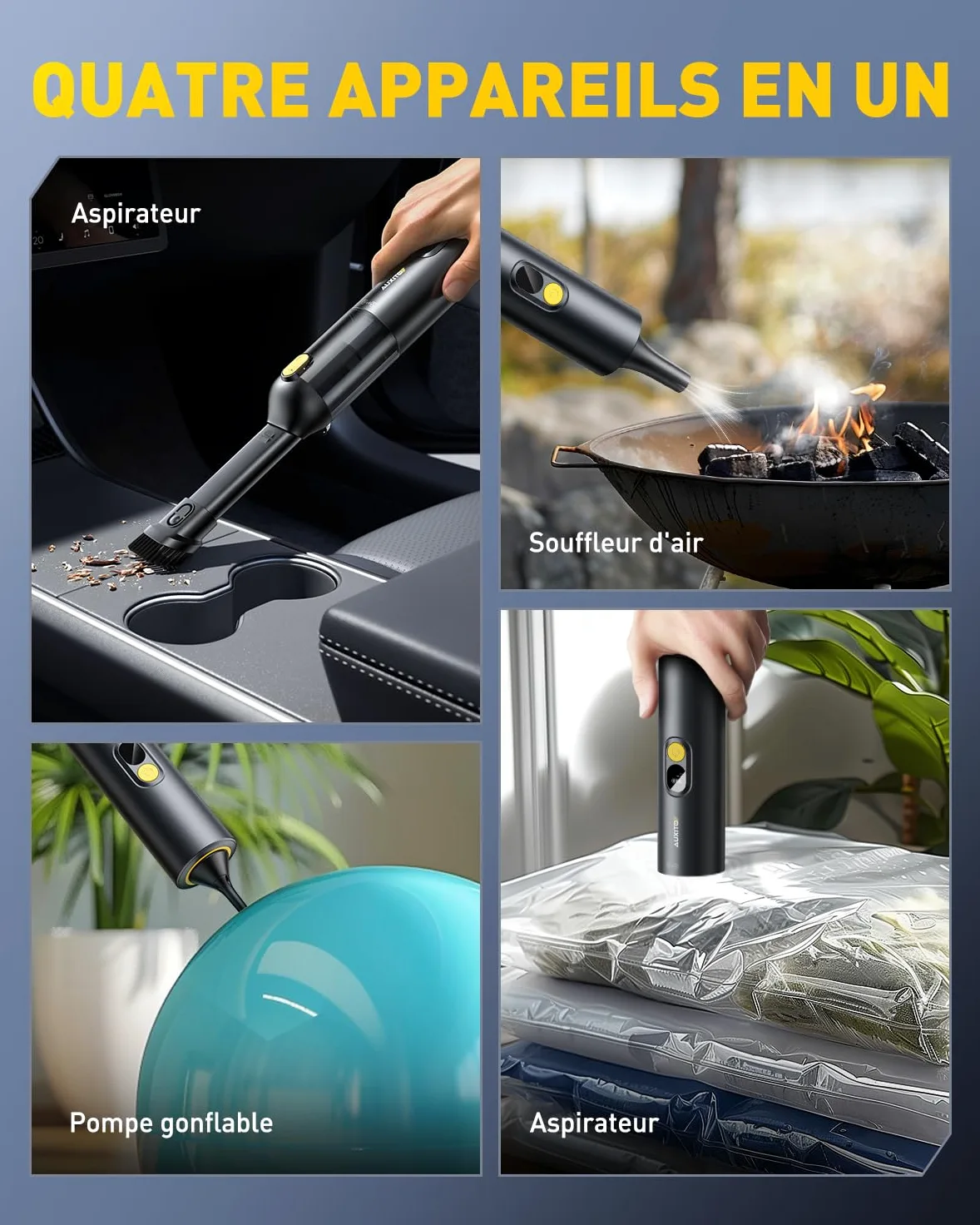 AUXITO Aspirateur a Main sans Fil - Aspirateur Voiture Puissant 24000pa,4-in-1 Mini Aspirateur de Voiture avec Outil pour Animaux, Charge Rapide USB-C,Idéal pour Voiture, Maison, Bureau, Cuisine