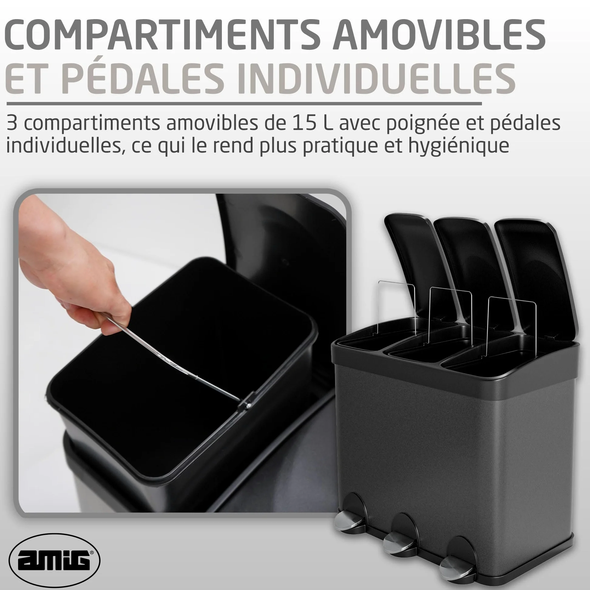 Amig - Poubelle Triple avec Pédales 45 litres - 3 Compartiments Amovibles de 15 litres - Poubelle de Recyclage pour la Cuisine - Acier - 60 x 37 x 49 cm - Noir Mat